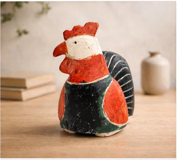 VINTAGE HAND CARVED WOODEN ROOSTER SCULPTURE – RED GREEN BLACK FOLK ART FARMHOUSE DECOR