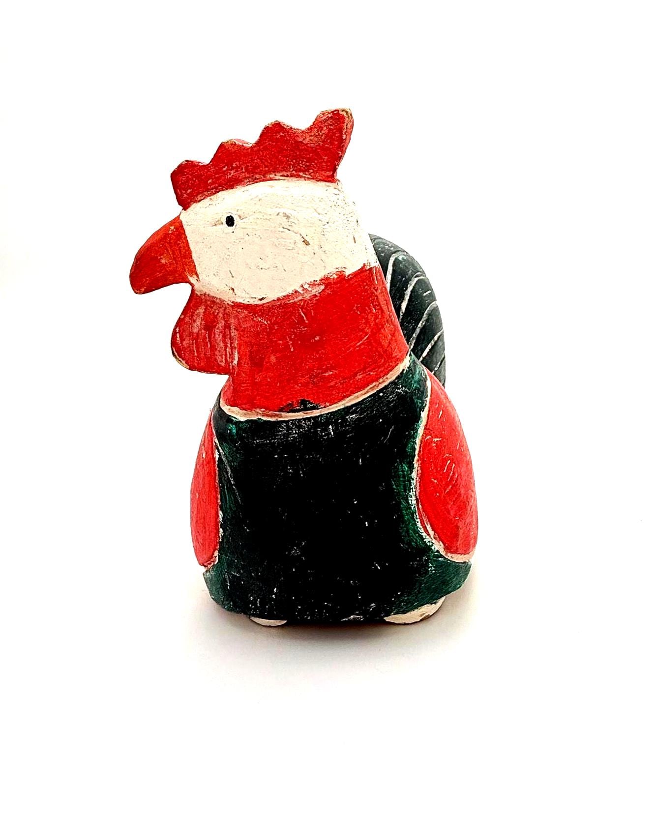 VINTAGE HAND CARVED WOODEN ROOSTER SCULPTURE – RED GREEN BLACK FOLK ART FARMHOUSE DECOR
