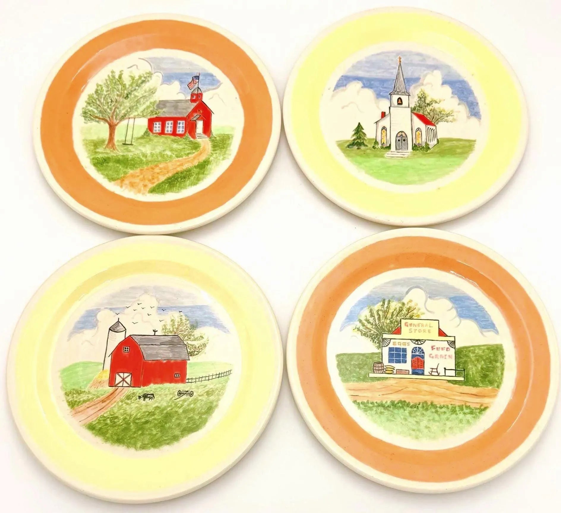 VINTAGE HAND-PAINTED AMERICANA FOLK ART DECORATIVE WALL PLATES | SET OF 4 | SCHOOLHOUSE CHURCH BARN & GENERAL STORE