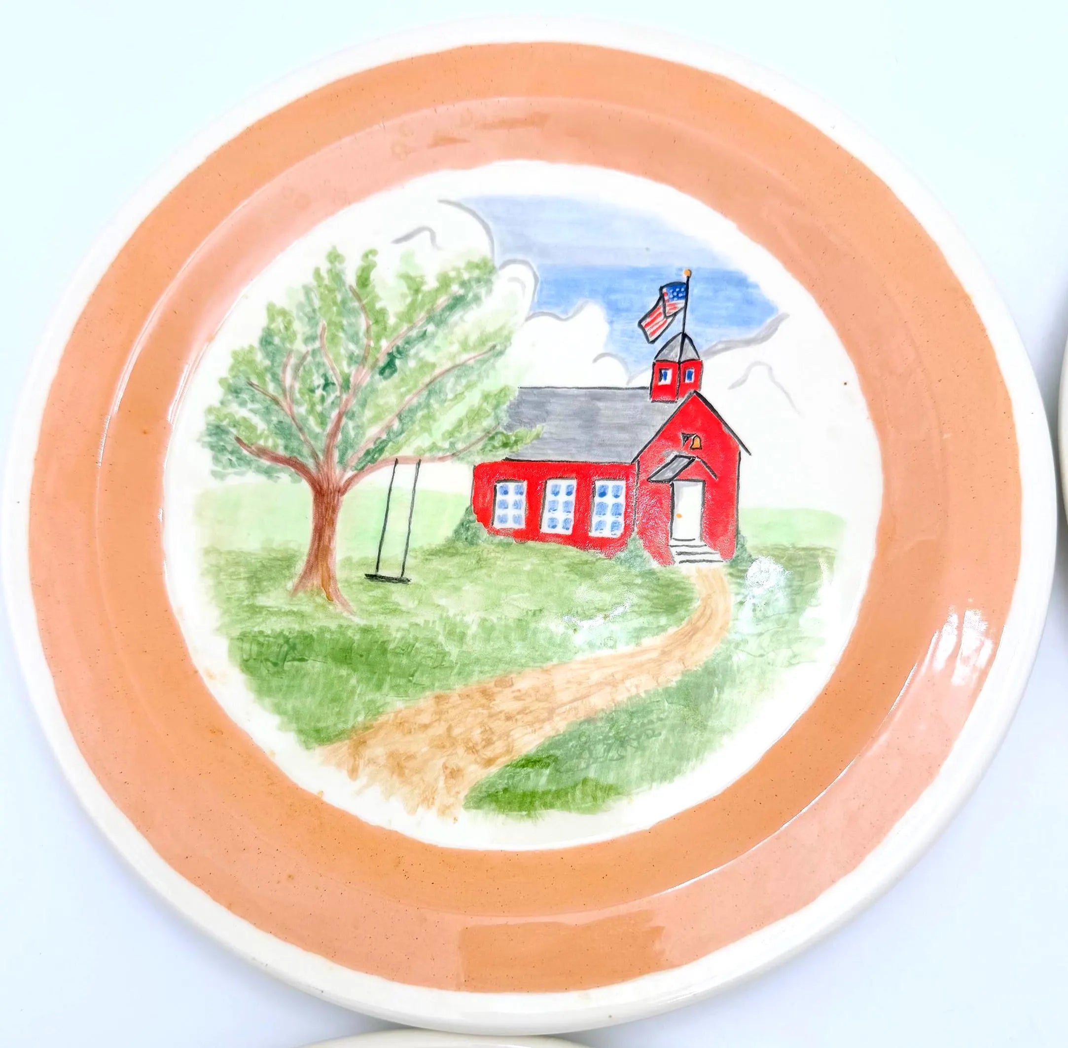VINTAGE HAND-PAINTED AMERICANA FOLK ART DECORATIVE WALL PLATES | SET OF 4 | SCHOOLHOUSE CHURCH BARN & GENERAL STORE