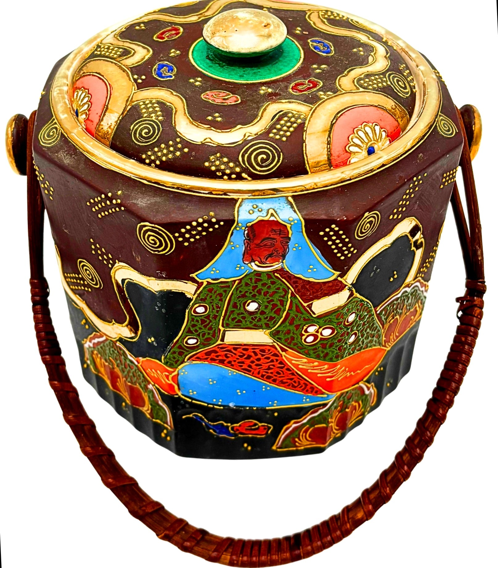 VINTAGE JAPANESE HAND-PAINTED SATSUMA STYLE COVERED VESSEL WITH SWING HANDLE