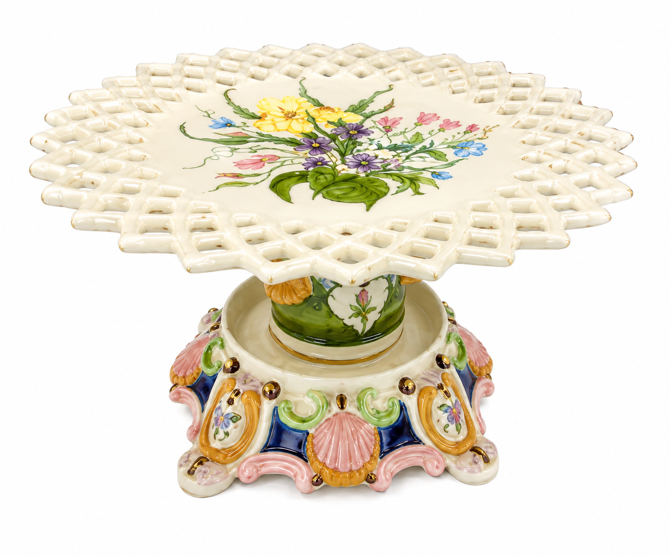 VINTAGE HAND-PAINTED STUDIO CERAMIC PEDESTAL CAKE STAND | ROCOCO REVIVAL CENTERPIECE