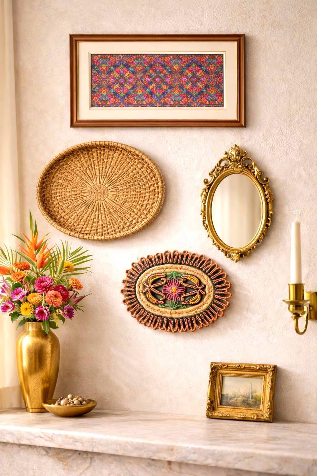 VINTAGE HANDWOVEN RAFFIA WALL HANGING – BOHO FOLK ART MEDALLION, SCULPTURAL WOVEN STRAW WALL ART