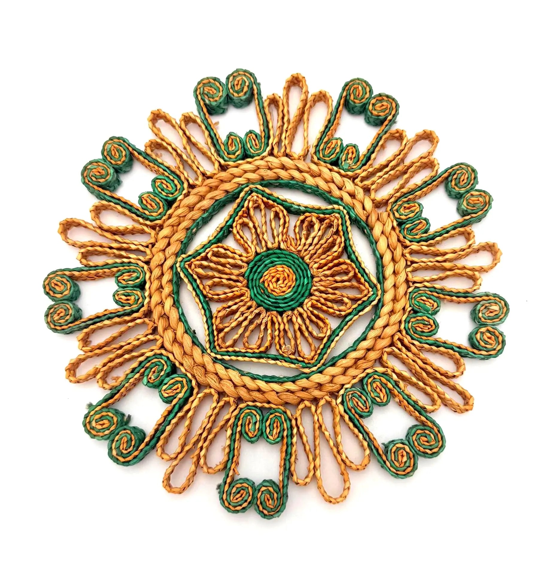 VINTAGE HANDWOVEN RAFFIA WALL HANGING | GREEN STRAW MEDALLION BOHO WALL ART