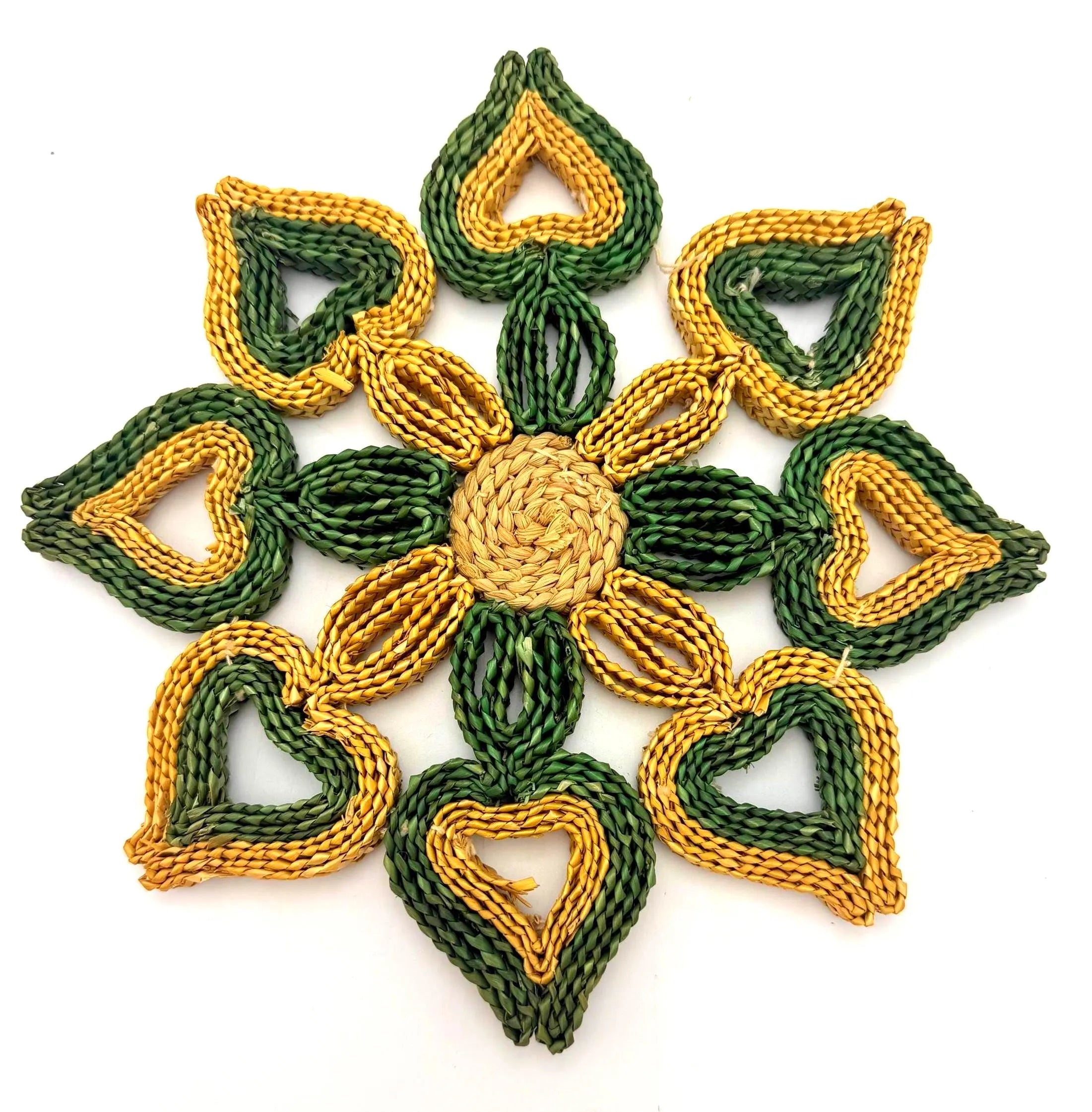 VINTAGE HANDWOVEN RAFFIA WALL HANGING | HEART LEAF STRAW MEDALLION BOHO WALL ART (Copy)