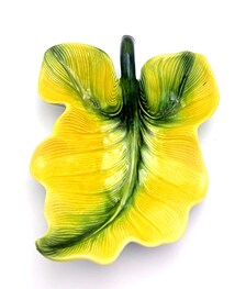 VINTAGE 1957 HULL POTTERY JUBILEE #405 YELLOW & GREEN TROPICAL LEAF DISH