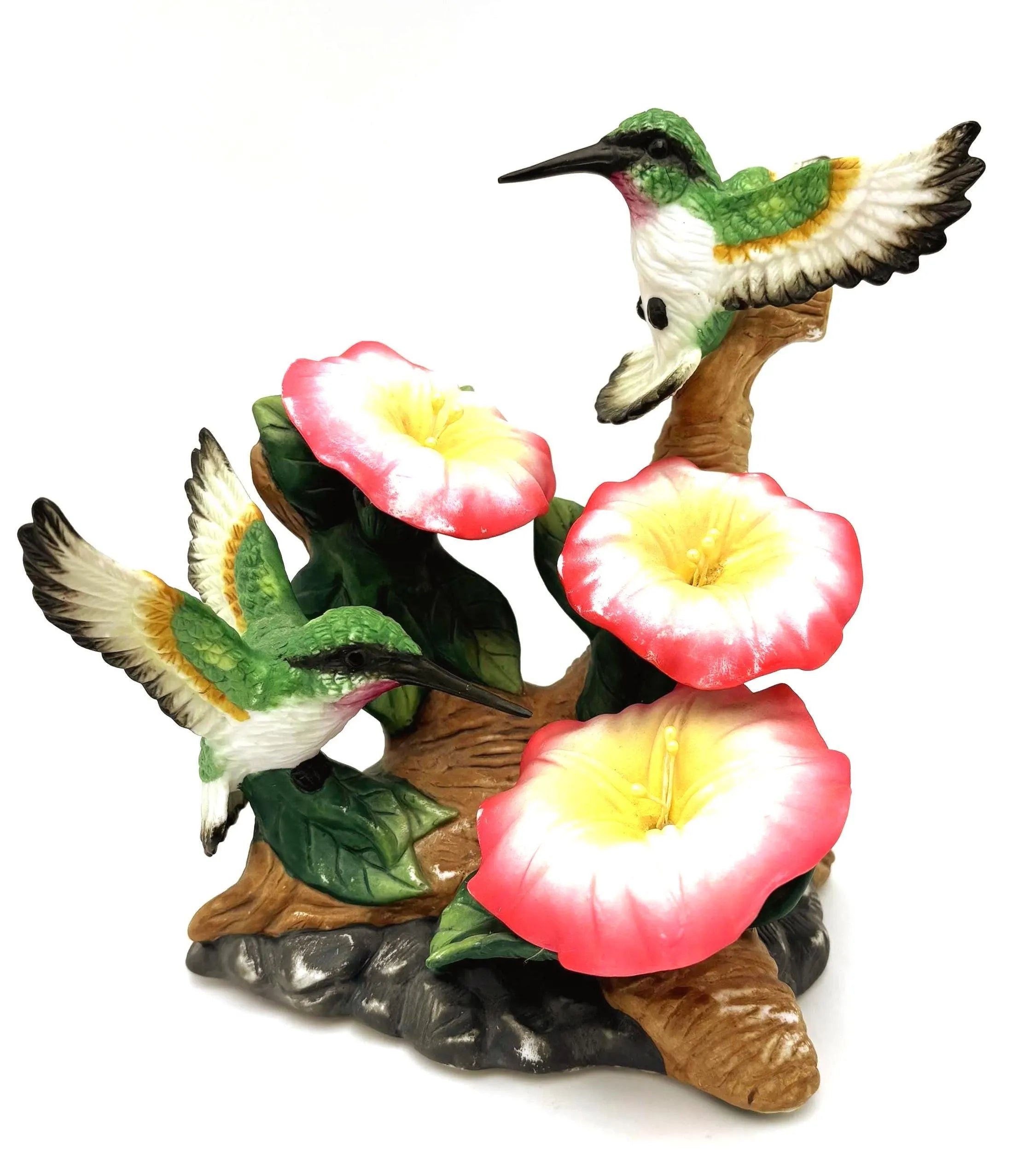 VINTAGE HUMMINGBIRD SCULPTURE WITH MORNING GLORY FLOWERS | TROPICAL BOTANICAL DECOR | HOLLYWOOD REGENCY BIRD FIGURINE | COTTAGECORE SHELF ACCENT