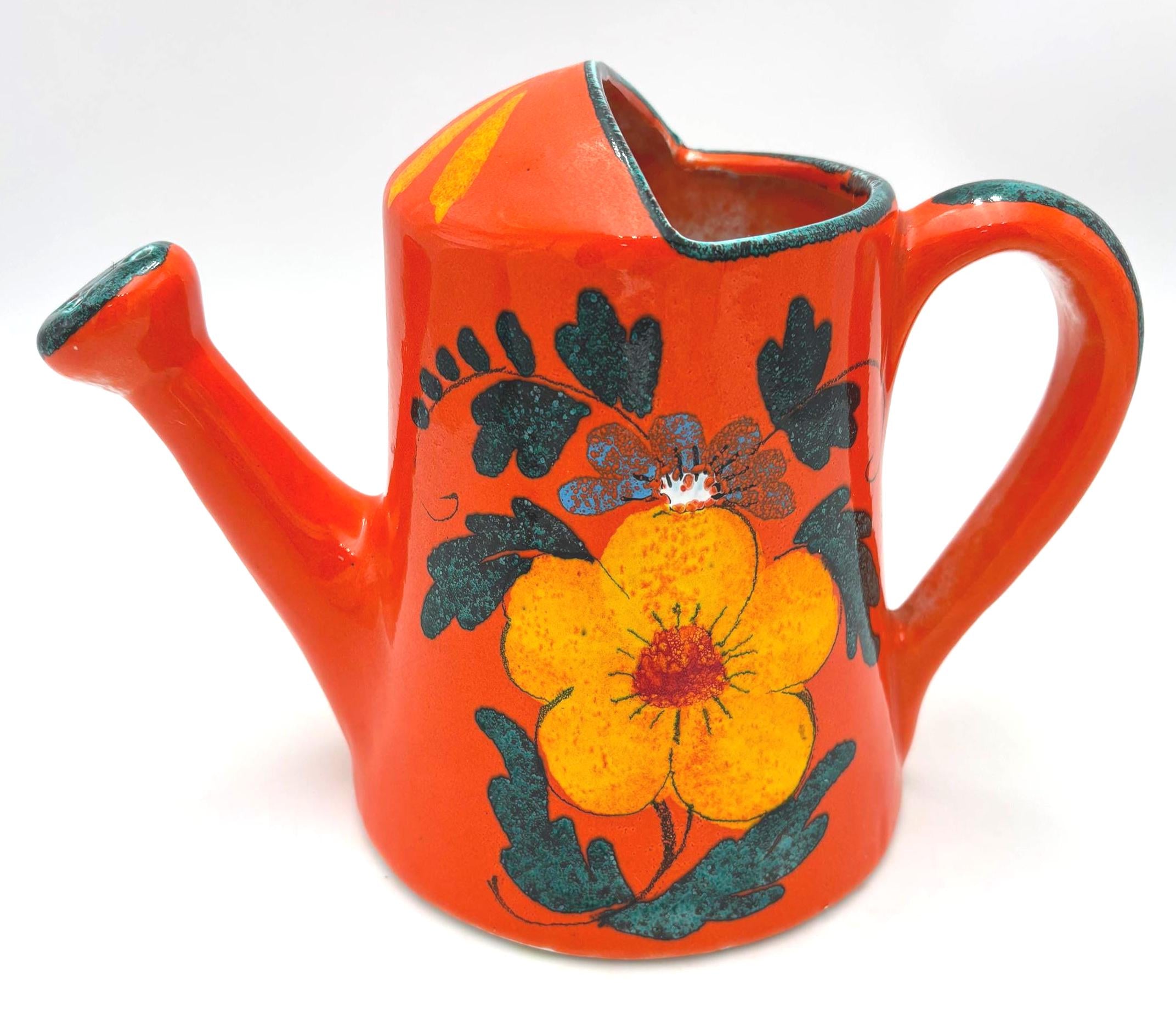 VINTAGE ITALIAN CERAMIC FLOWER FROG VASE – MID CENTURY ORANGE FLORAL ARRANGER, SCULPTURAL POTTERY WATERING CAN