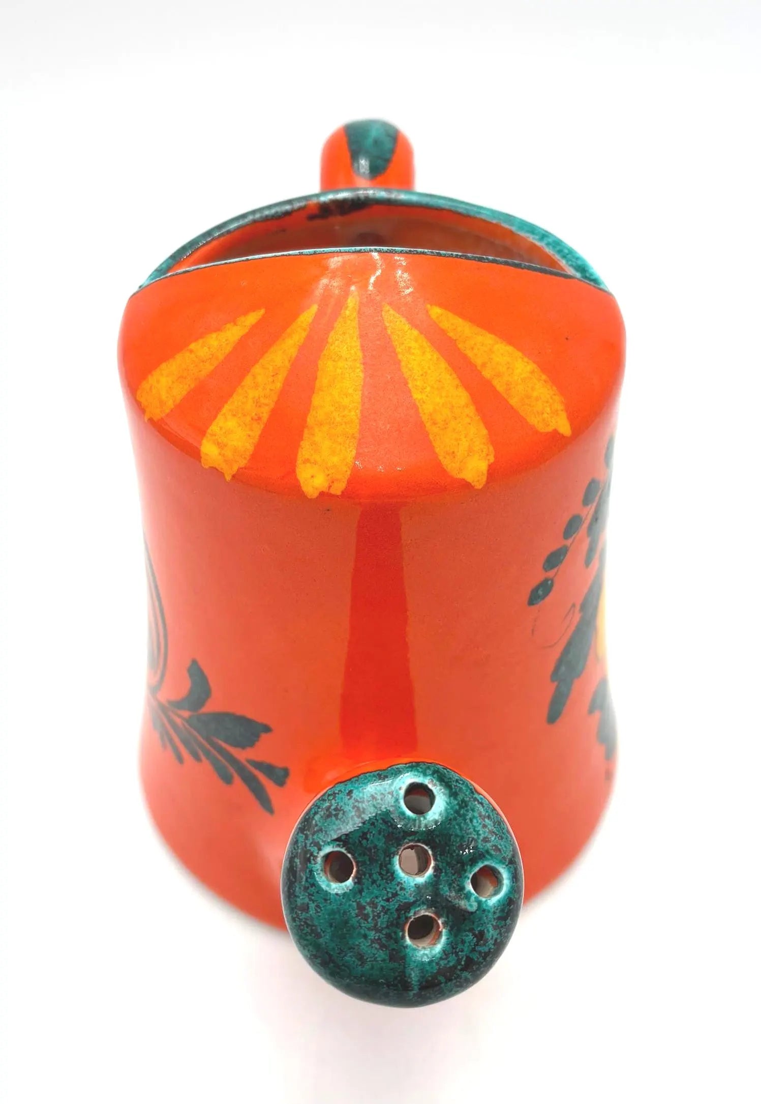 VINTAGE ITALIAN CERAMIC FLOWER FROG VASE – MID CENTURY ORANGE FLORAL ARRANGER, SCULPTURAL POTTERY WATERING CAN