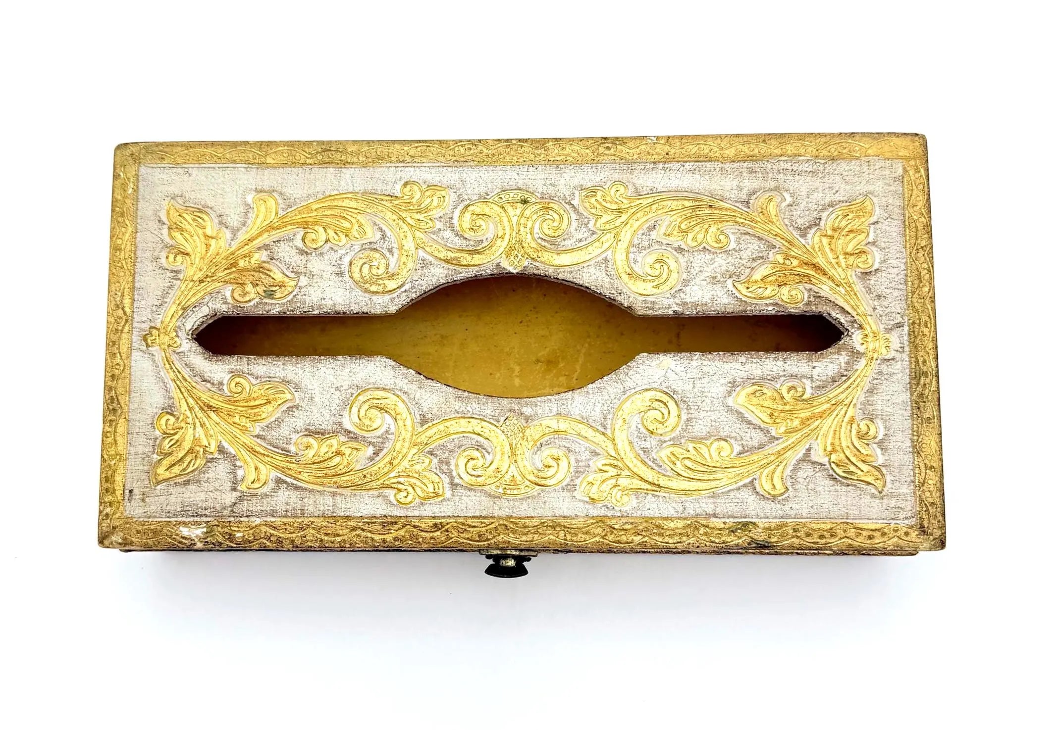 VINTAGE ITALIAN FLORENTINE TISSUE BOX COVER | HOLLYWOOD REGENCY GOLD & WHITE GILT VANITY BOX