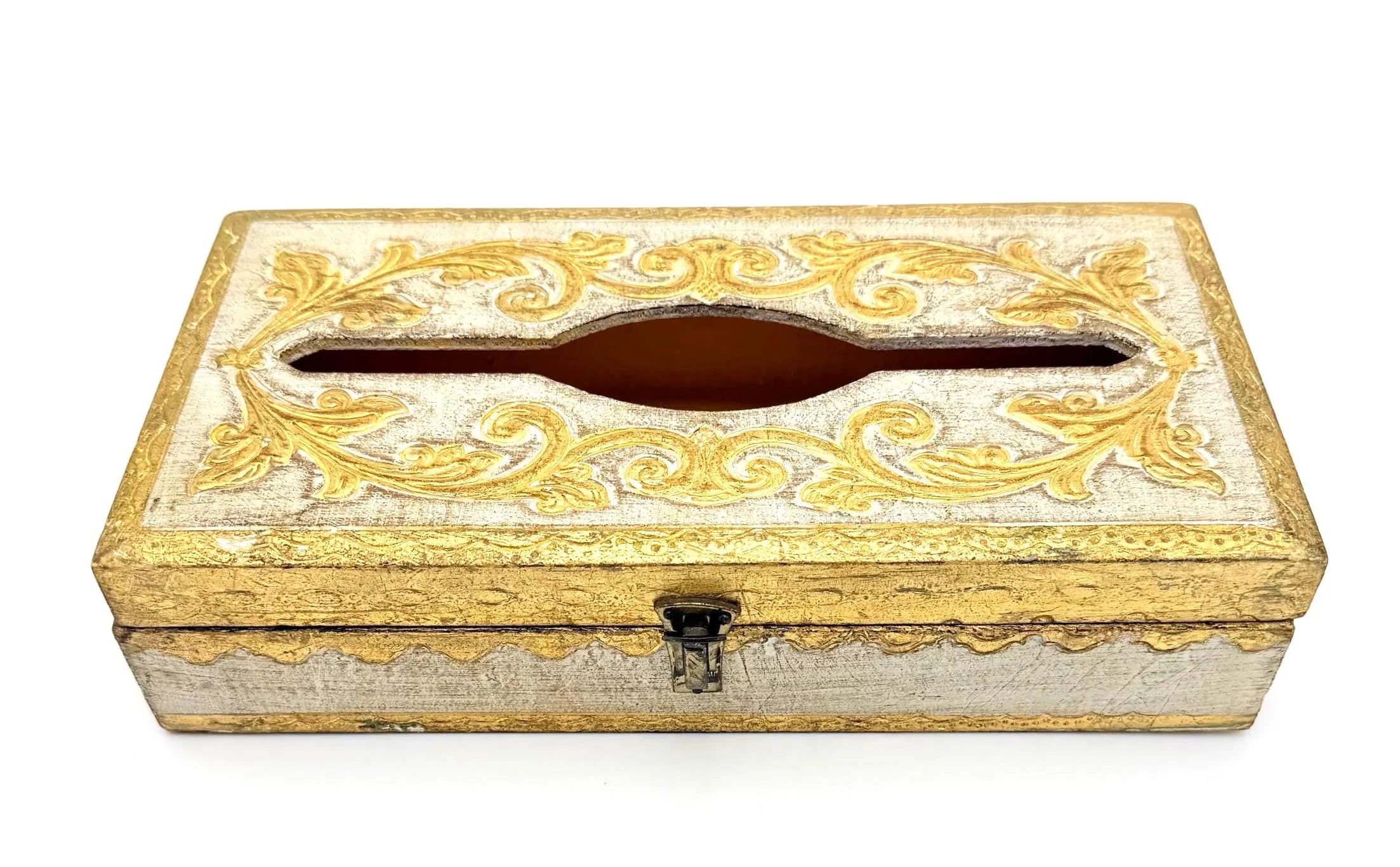 VINTAGE ITALIAN FLORENTINE TISSUE BOX COVER | HOLLYWOOD REGENCY GOLD & WHITE GILT VANITY BOX