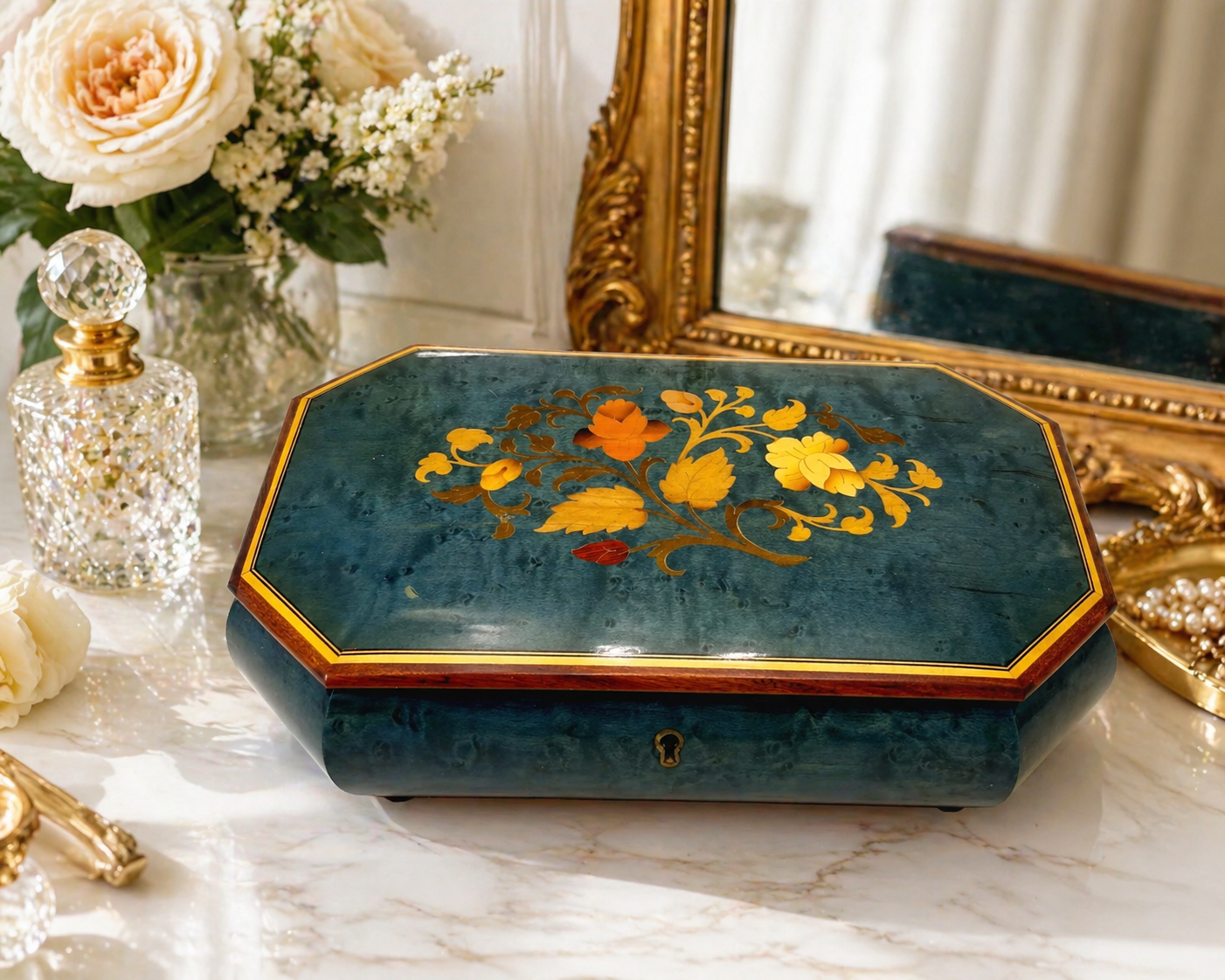 VINTAGE ITALIAN MARQUETRY JEWELRY BOX | BLUE LACQUER FLORAL INLAY KEEPSAKE MUSIC BOX