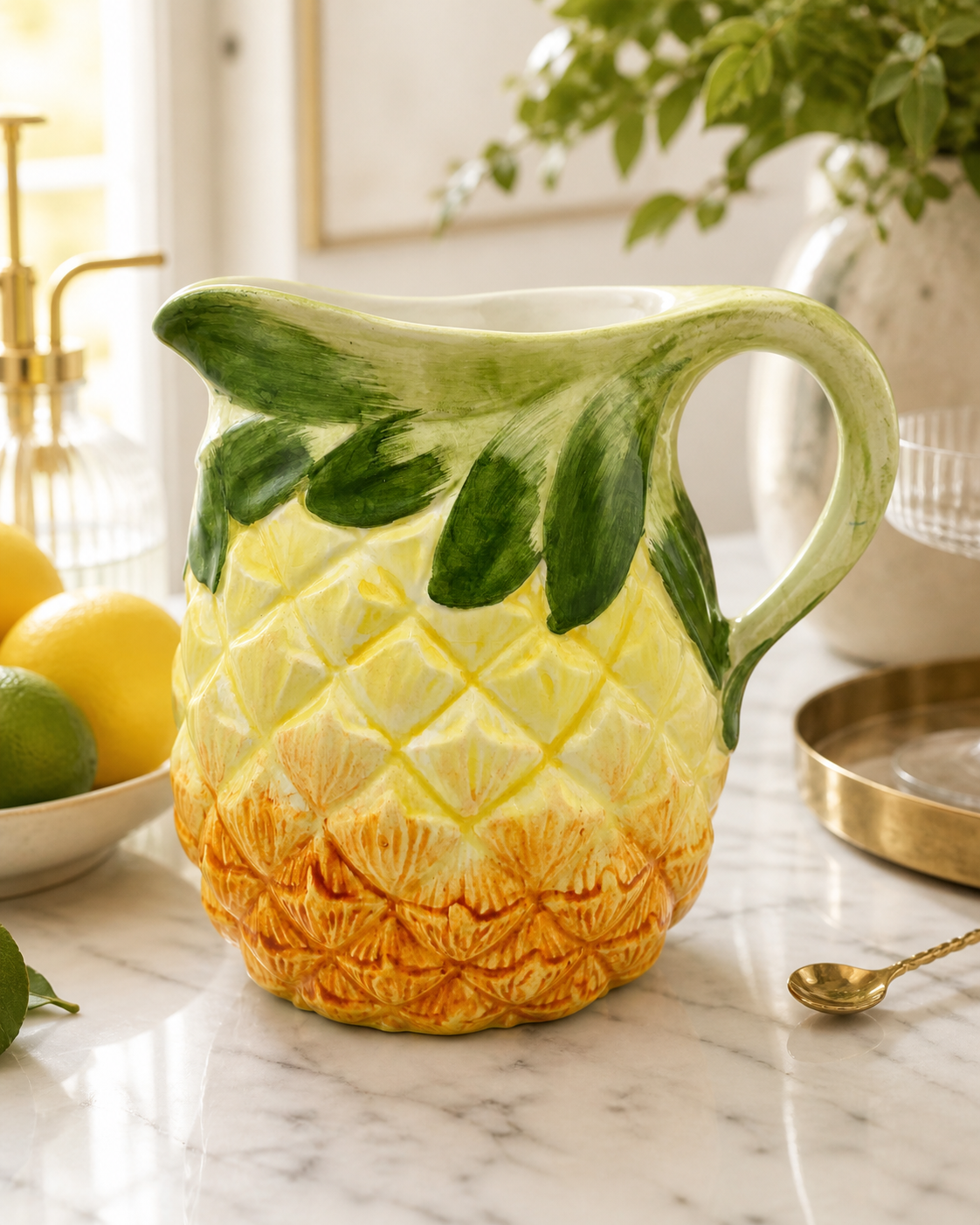VINTAGE ITALIAN PINEAPPLE PITCHER – INTRADA MAJOLICA STYLE CERAMIC VASE COASTAL PALM BEACH BARWARE