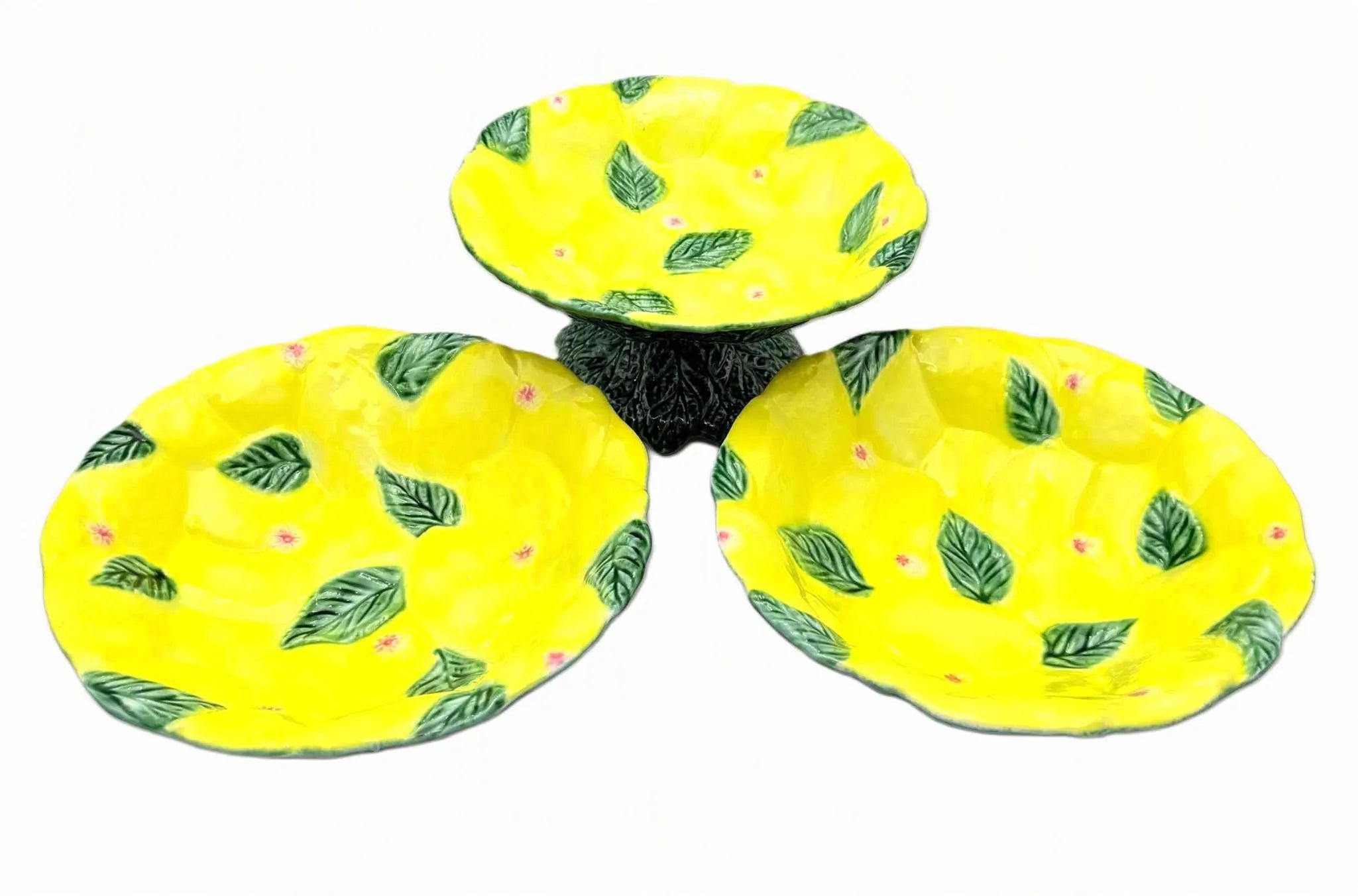 VINTAGE ITALICA ARS ITALIAN MAJOLICA LEMON 3-PIECE SERVING BOWL SET WITH PEDESTAL CENTERPIECE