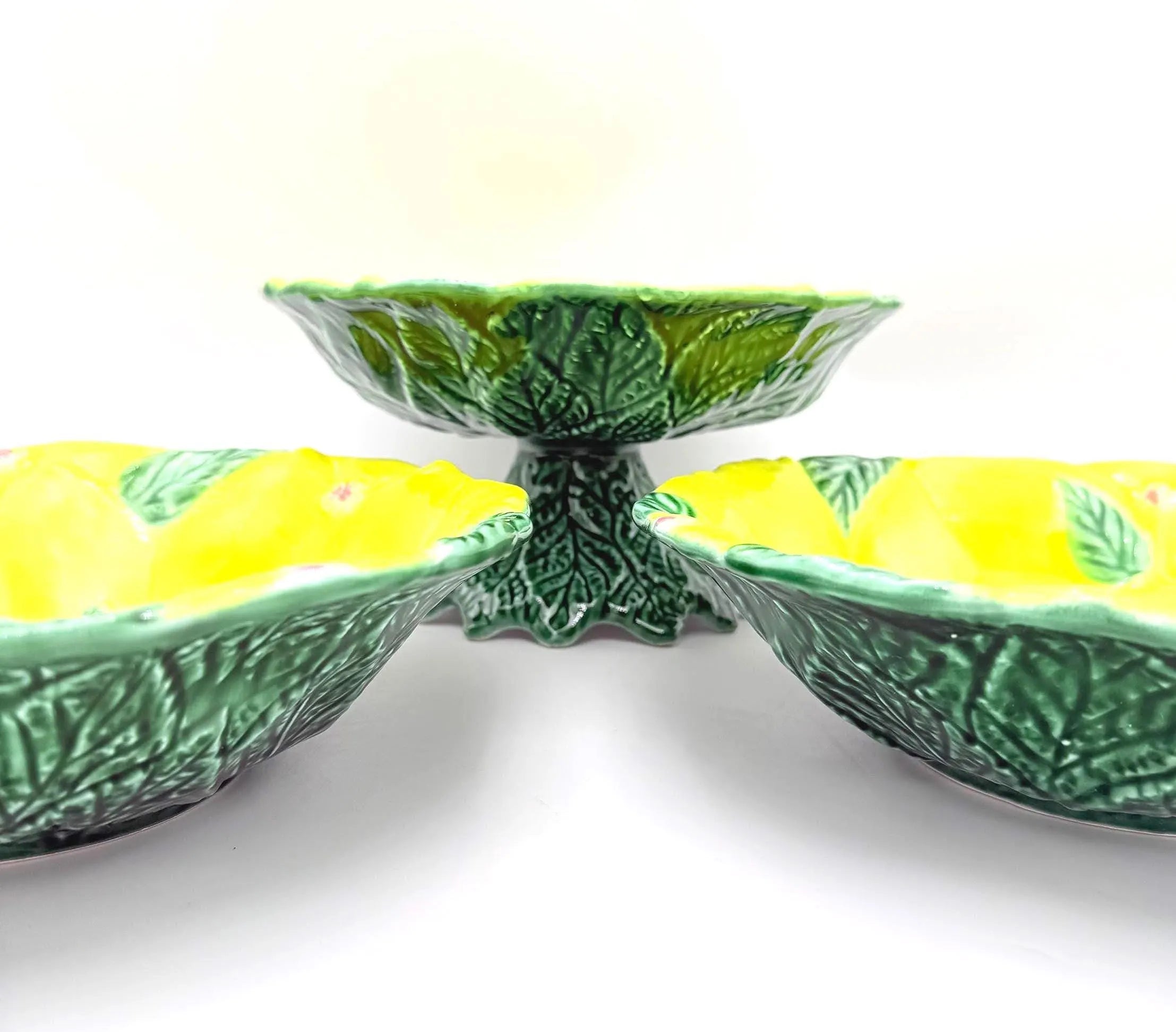 VINTAGE ITALICA ARS ITALIAN MAJOLICA LEMON 3-PIECE SERVING BOWL SET WITH PEDESTAL CENTERPIECE