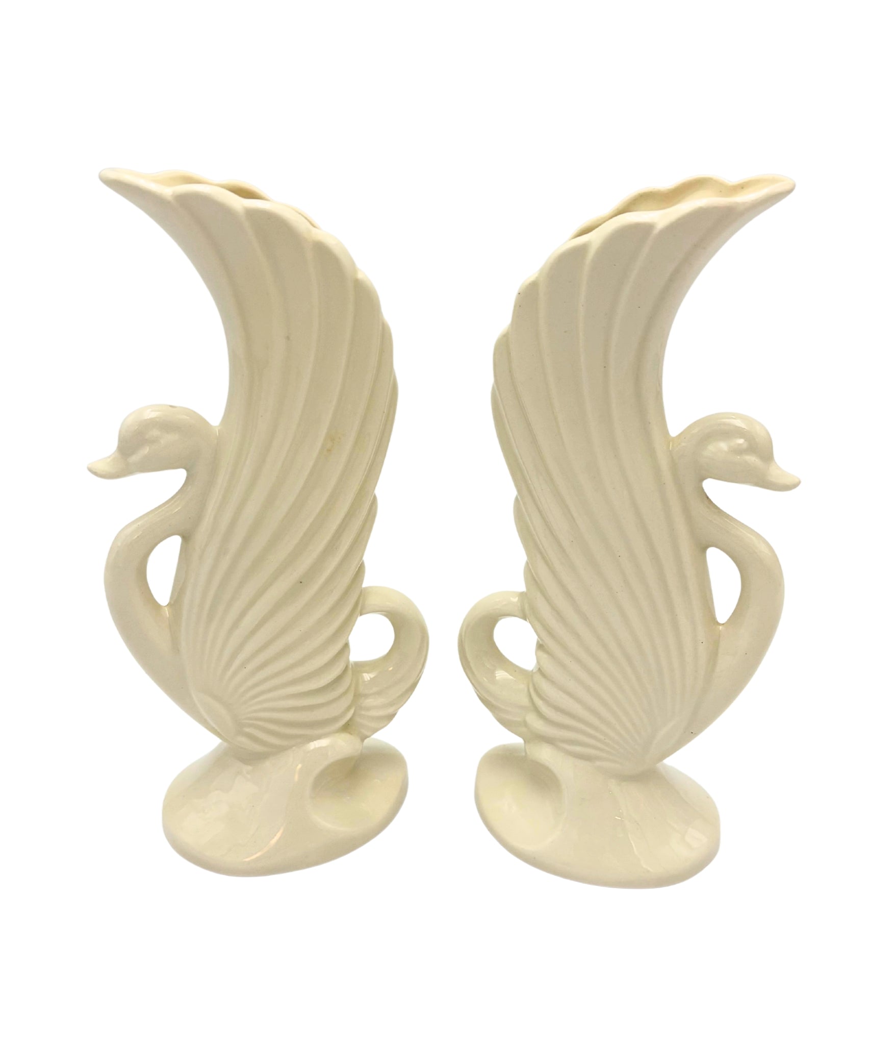 VINTAGE IVORY CERAMIC SWAN BUD VASES PAIR
