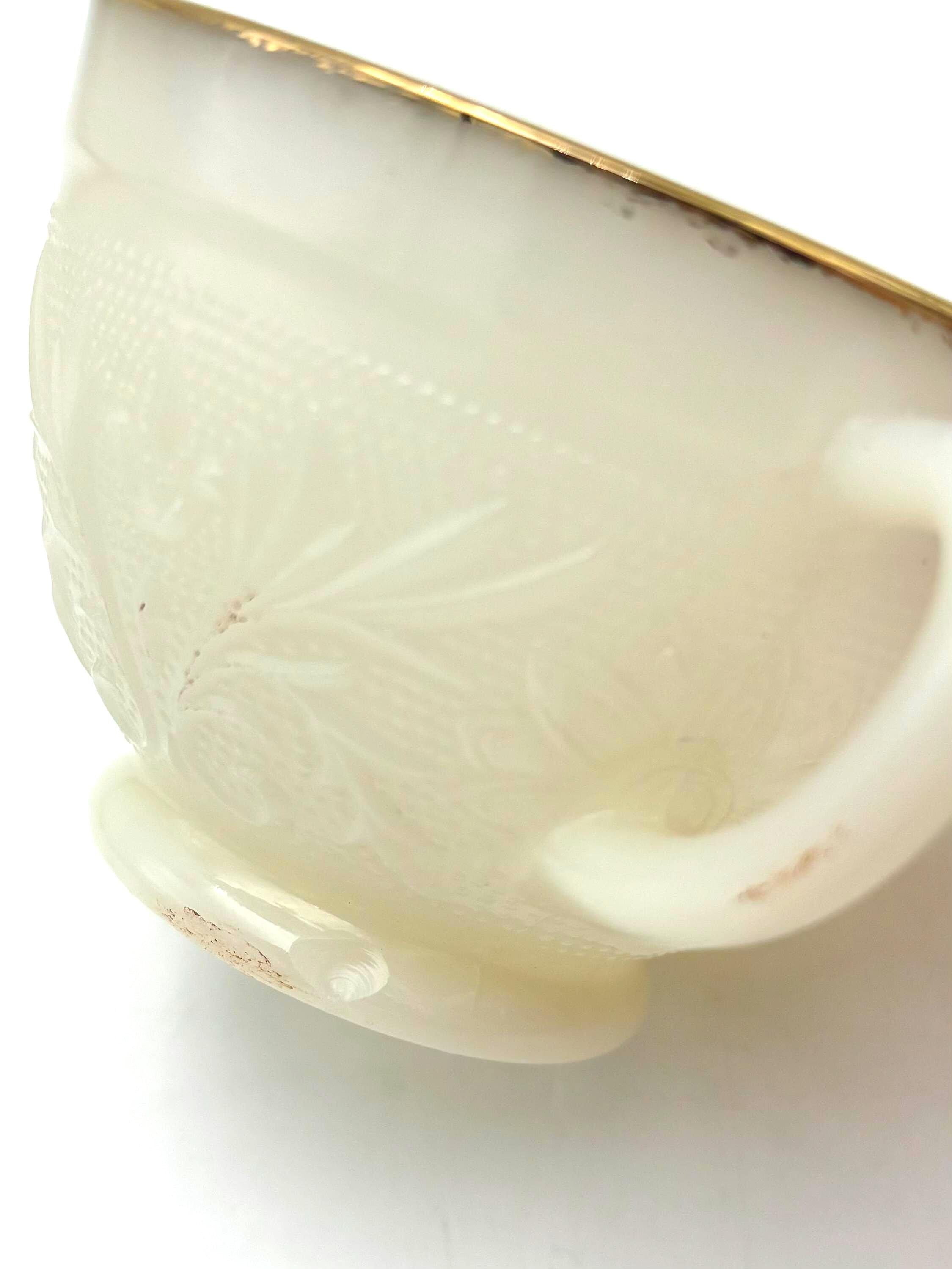 VINTAGE IVORY OPALESCENT MILK GLASS PUNCH BOWL SET WITH GOLD TRIM – HOLLYWOOD REGENCY ENTERTAINING SET – FLORAL PRESSED GLASS BOWL & 6 CUPS