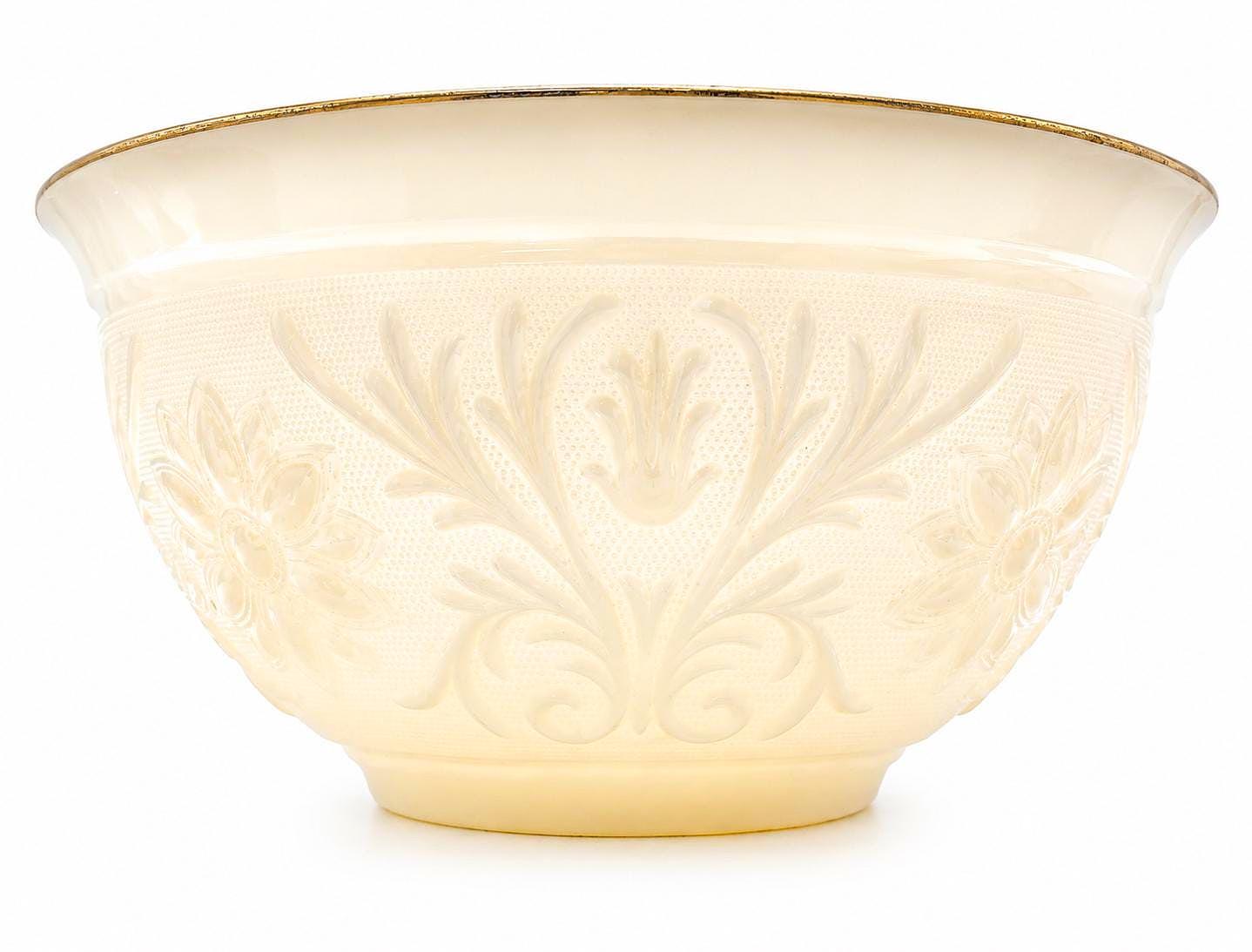 VINTAGE IVORY OPALESCENT MILK GLASS PUNCH BOWL SET WITH GOLD TRIM – HOLLYWOOD REGENCY ENTERTAINING SET – FLORAL PRESSED GLASS BOWL & 6 CUPS