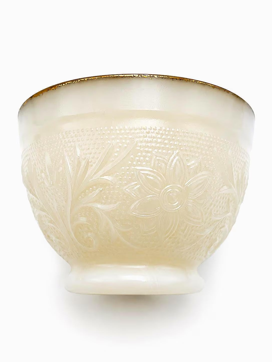 VINTAGE IVORY OPALESCENT MILK GLASS PUNCH BOWL SET WITH GOLD TRIM – HOLLYWOOD REGENCY ENTERTAINING SET – FLORAL PRESSED GLASS BOWL & 6 CUPS