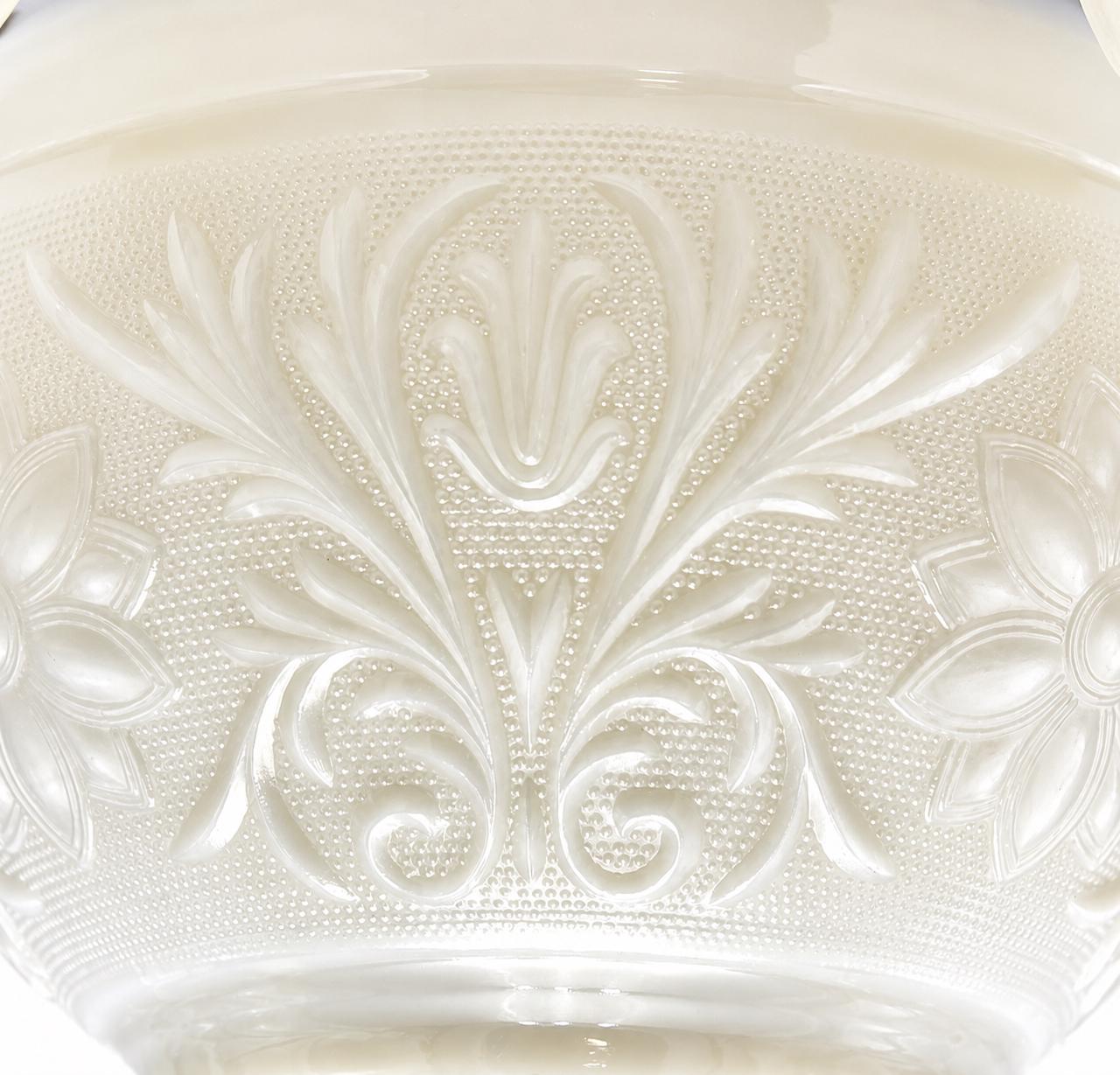 VINTAGE IVORY OPALESCENT MILK GLASS PUNCH BOWL SET WITH GOLD TRIM – HOLLYWOOD REGENCY ENTERTAINING SET – FLORAL PRESSED GLASS BOWL & 6 CUPS