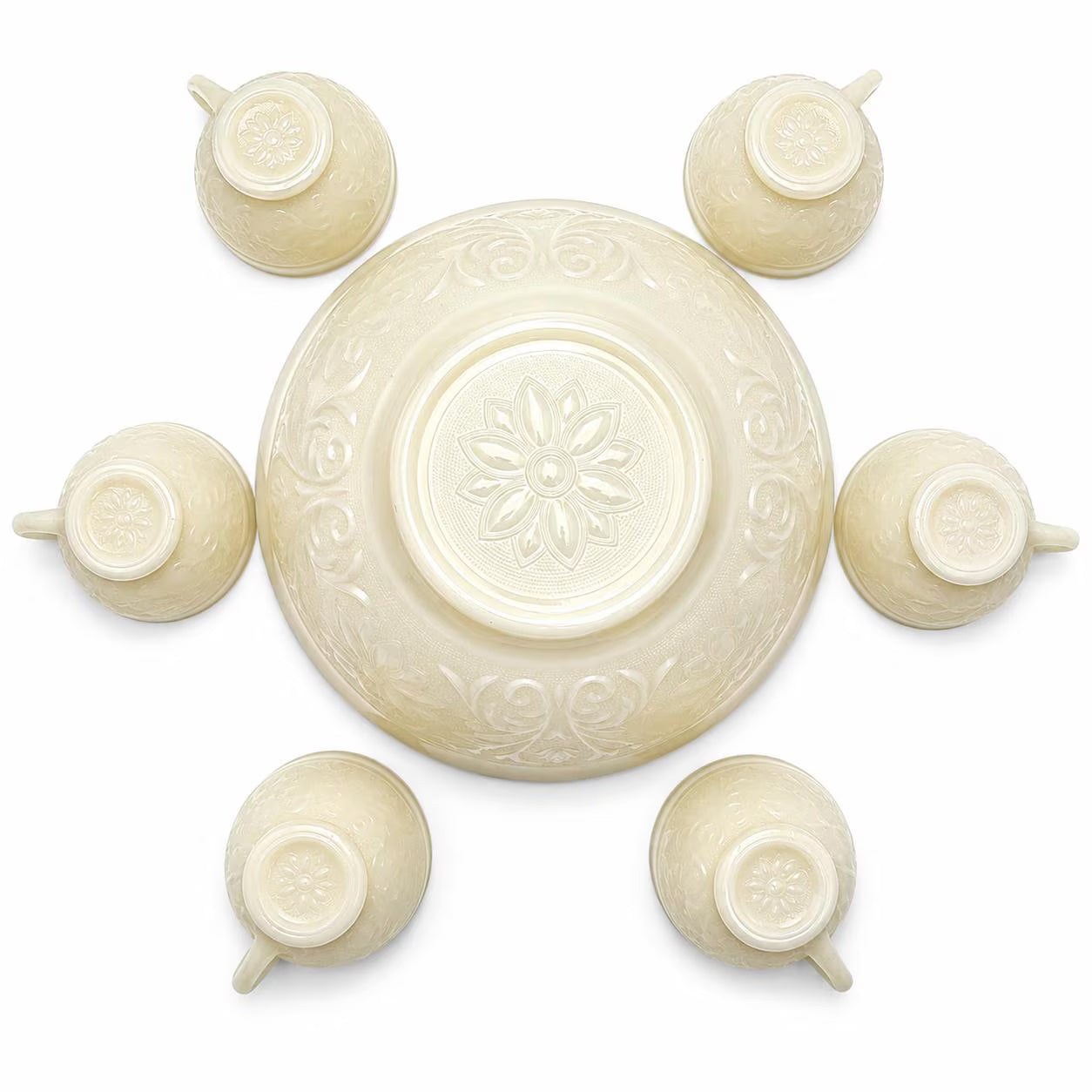 VINTAGE IVORY OPALESCENT MILK GLASS PUNCH BOWL SET WITH GOLD TRIM – HOLLYWOOD REGENCY ENTERTAINING SET – FLORAL PRESSED GLASS BOWL & 6 CUPS