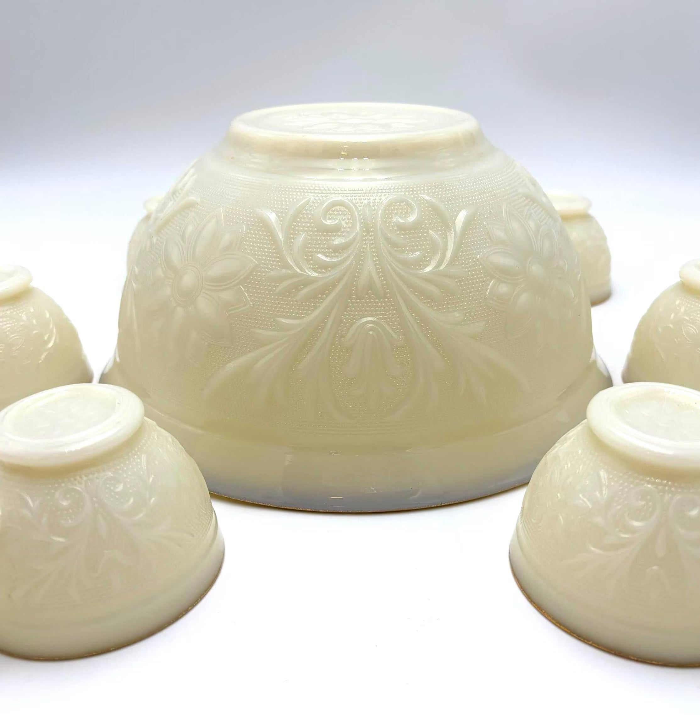 VINTAGE IVORY OPALESCENT MILK GLASS PUNCH BOWL SET WITH GOLD TRIM – HOLLYWOOD REGENCY ENTERTAINING SET – FLORAL PRESSED GLASS BOWL & 6 CUPS