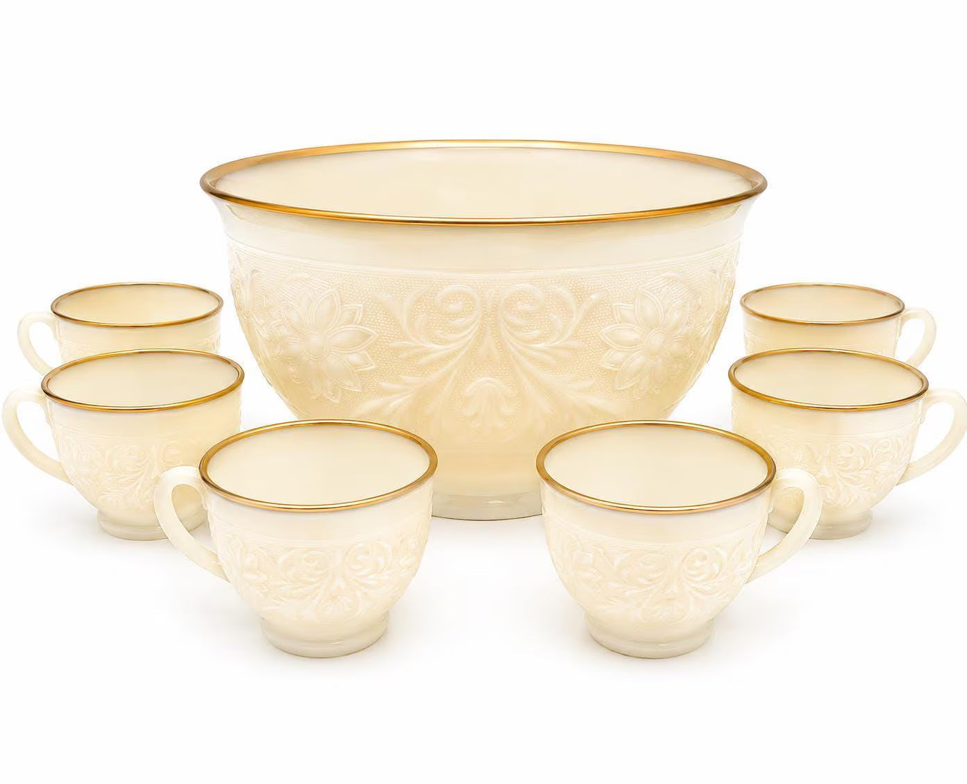 VINTAGE IVORY OPALESCENT MILK GLASS PUNCH BOWL SET WITH GOLD TRIM – HOLLYWOOD REGENCY ENTERTAINING SET – FLORAL PRESSED GLASS BOWL & 6 CUPS