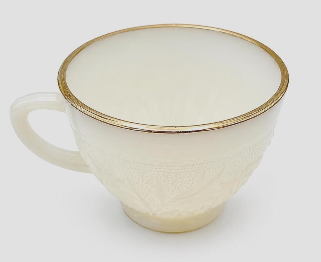 VINTAGE IVORY OPALESCENT MILK GLASS PUNCH BOWL SET WITH GOLD TRIM – HOLLYWOOD REGENCY ENTERTAINING SET – FLORAL PRESSED GLASS BOWL & 6 CUPS