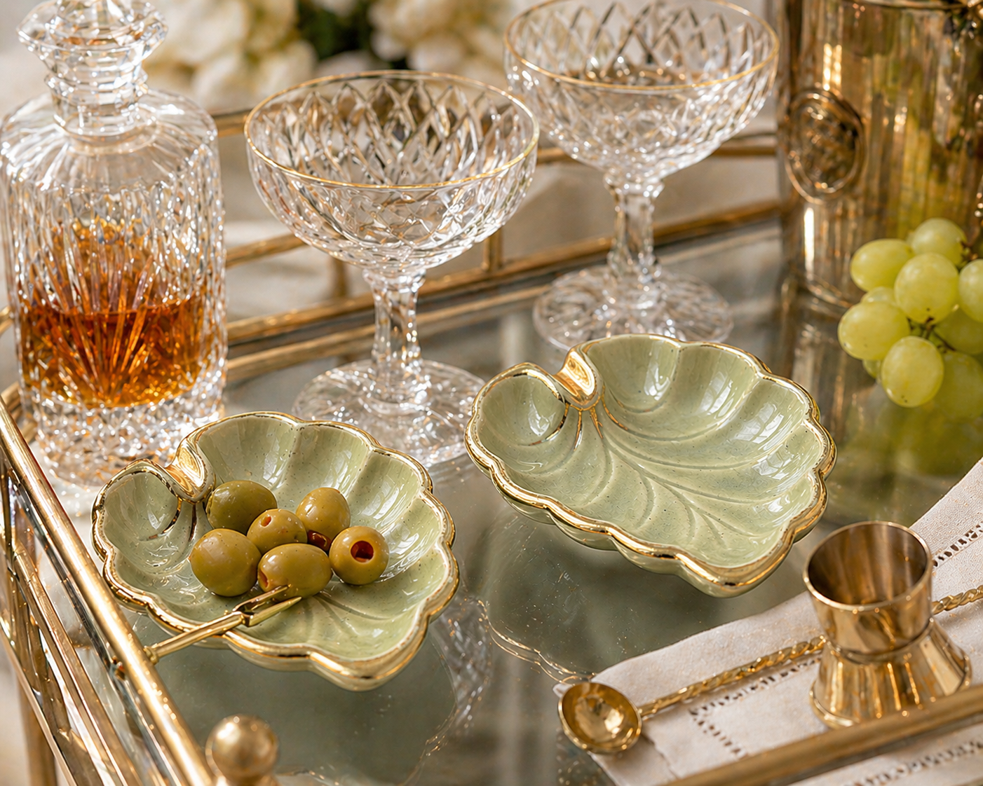 VINTAGE JAPANESE CELADON LEAF DISHES SET OF 2 | GOLD TRIM MID CENTURY CERAMIC TRINKET BOWLS