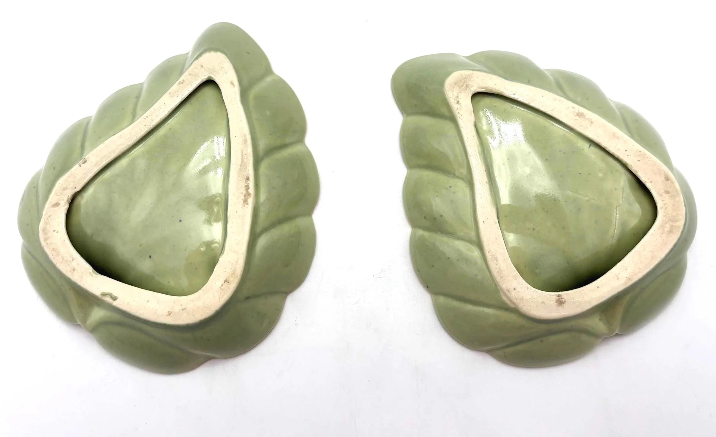 VINTAGE JAPANESE CELADON LEAF DISHES SET OF 2 | GOLD TRIM MID CENTURY CERAMIC TRINKET BOWLS