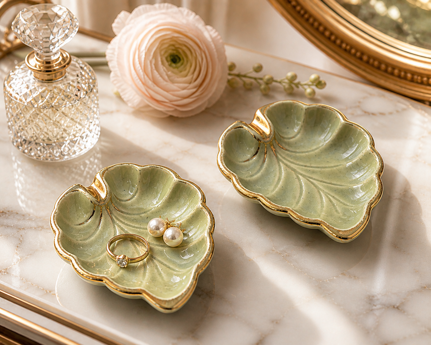 VINTAGE JAPANESE CELADON LEAF DISHES SET OF 2 | GOLD TRIM MID CENTURY CERAMIC TRINKET BOWLS