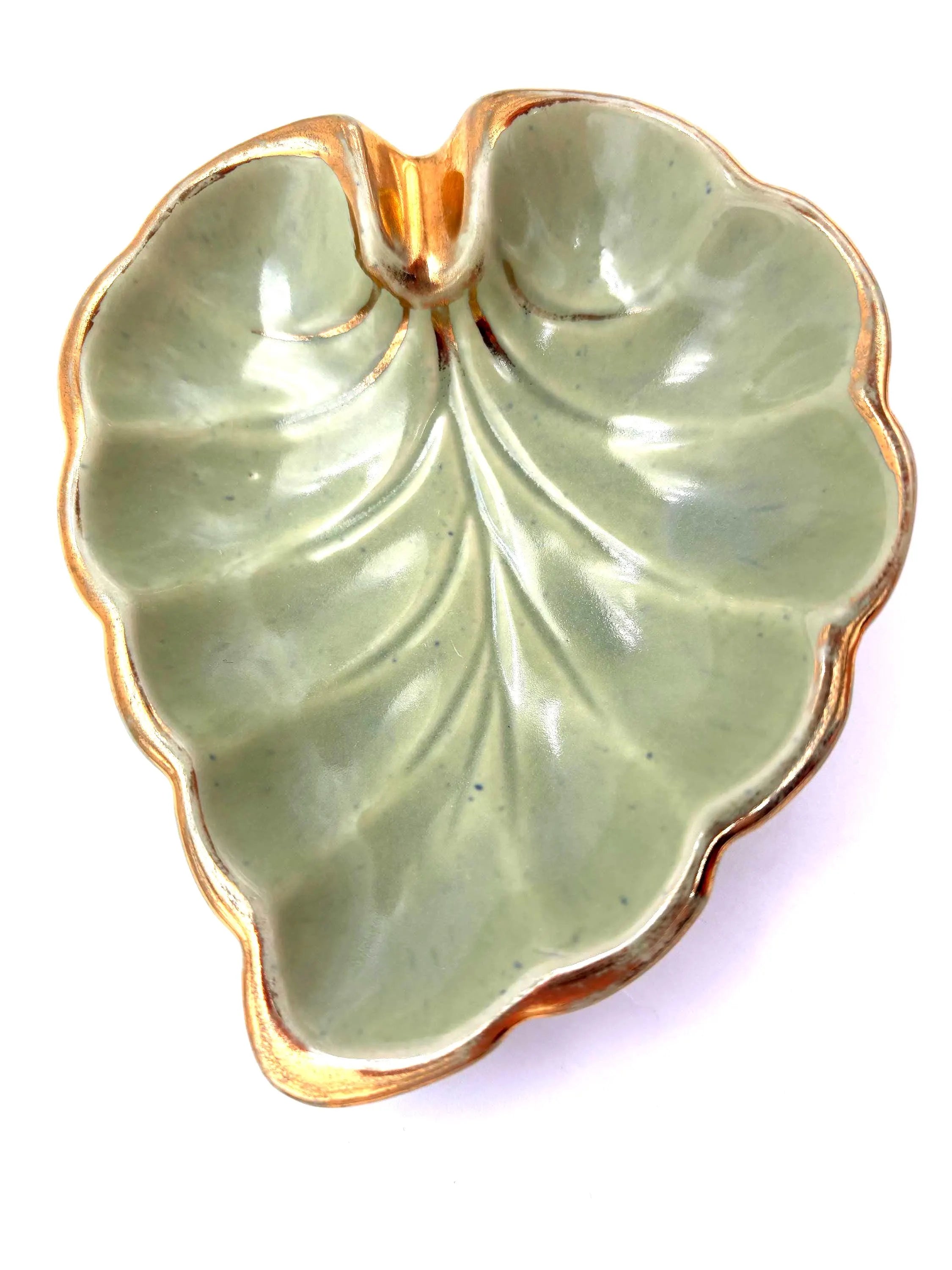 VINTAGE JAPANESE CELADON LEAF DISHES SET OF 2 | GOLD TRIM MID CENTURY CERAMIC TRINKET BOWLS