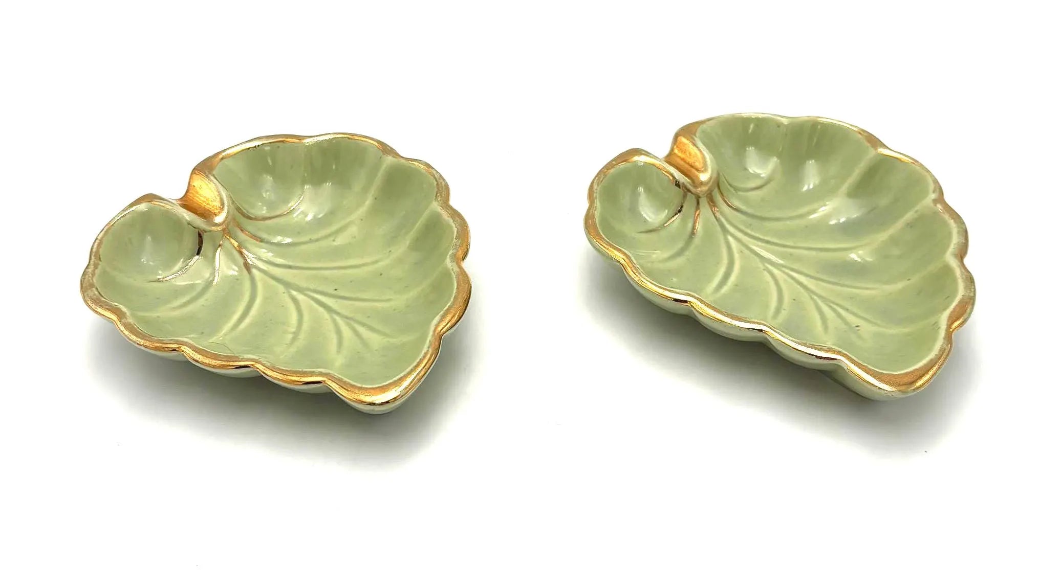 VINTAGE JAPANESE CELADON LEAF DISHES SET OF 2 | GOLD TRIM MID CENTURY CERAMIC TRINKET BOWLS