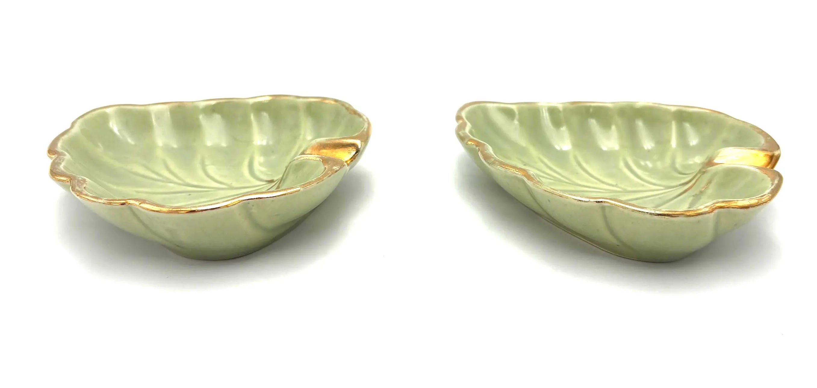 VINTAGE JAPANESE CELADON LEAF DISHES SET OF 2 | GOLD TRIM MID CENTURY CERAMIC TRINKET BOWLS