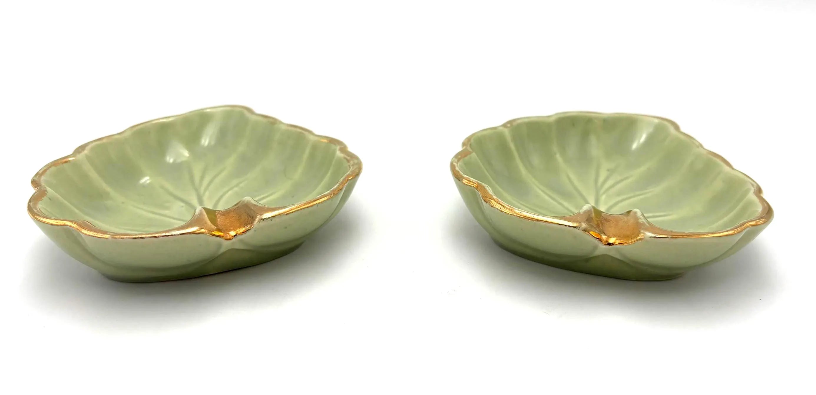 VINTAGE JAPANESE CELADON LEAF DISHES SET OF 2 | GOLD TRIM MID CENTURY CERAMIC TRINKET BOWLS
