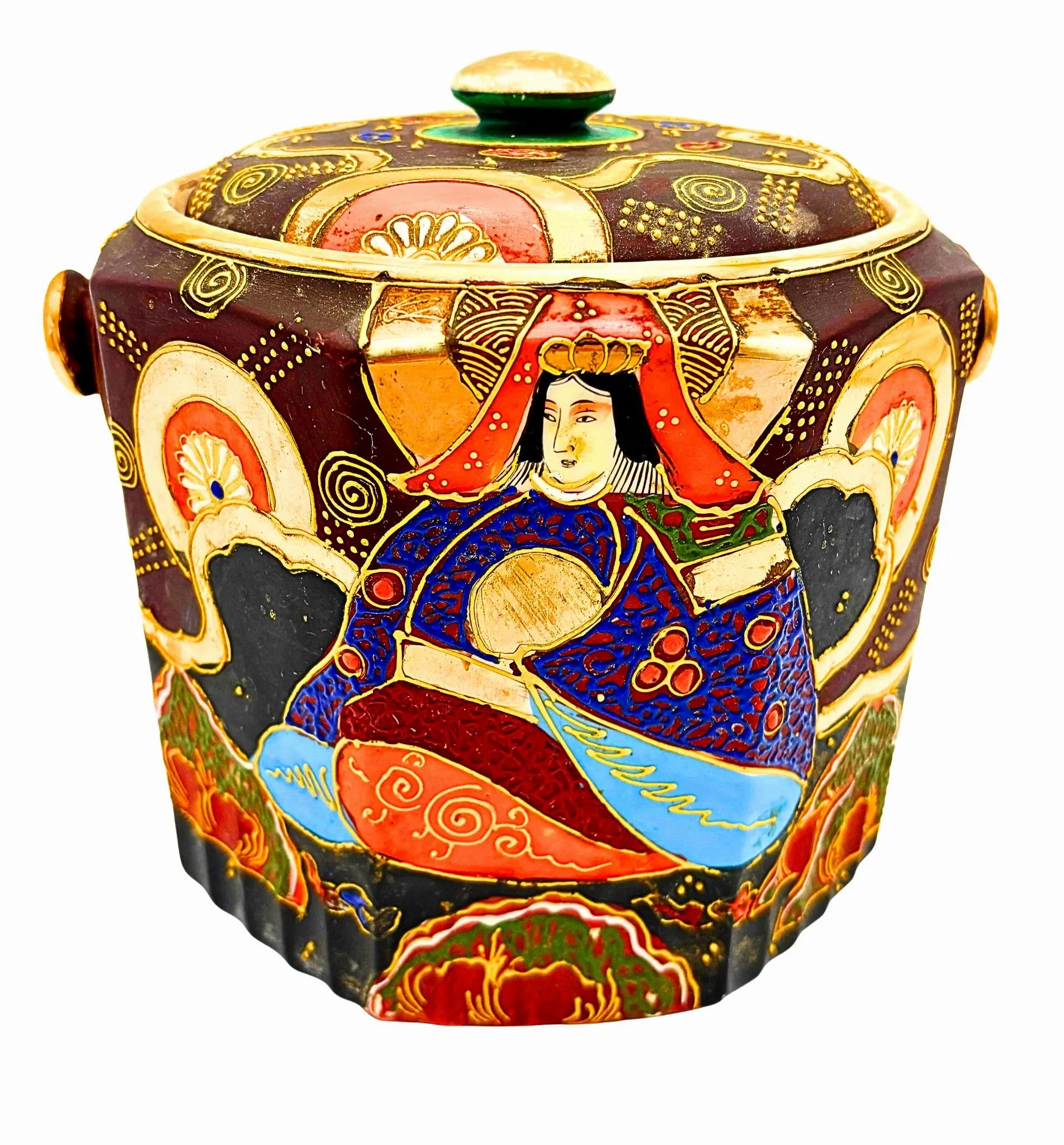 VINTAGE JAPANESE HAND-PAINTED SATSUMA STYLE COVERED VESSEL WITH SWING HANDLE
