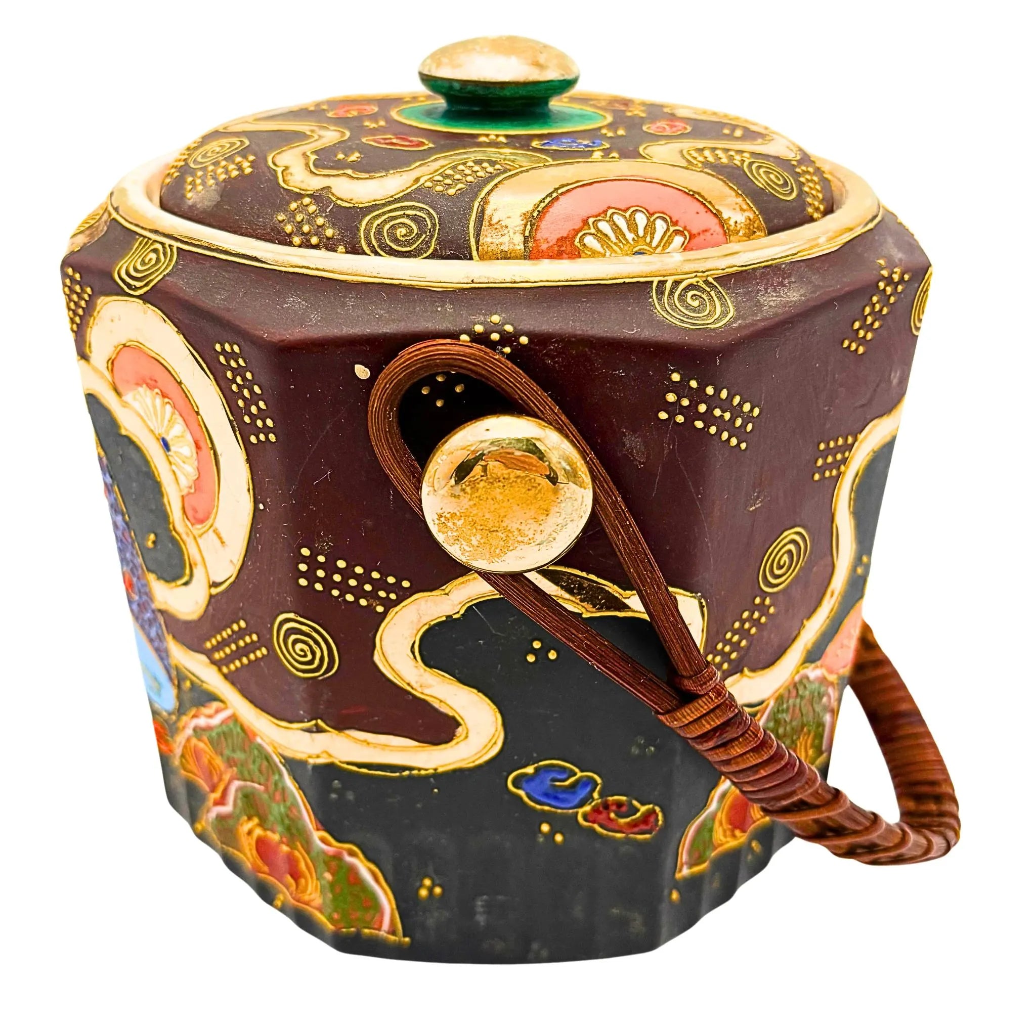 VINTAGE JAPANESE HAND-PAINTED SATSUMA STYLE COVERED VESSEL WITH SWING HANDLE
