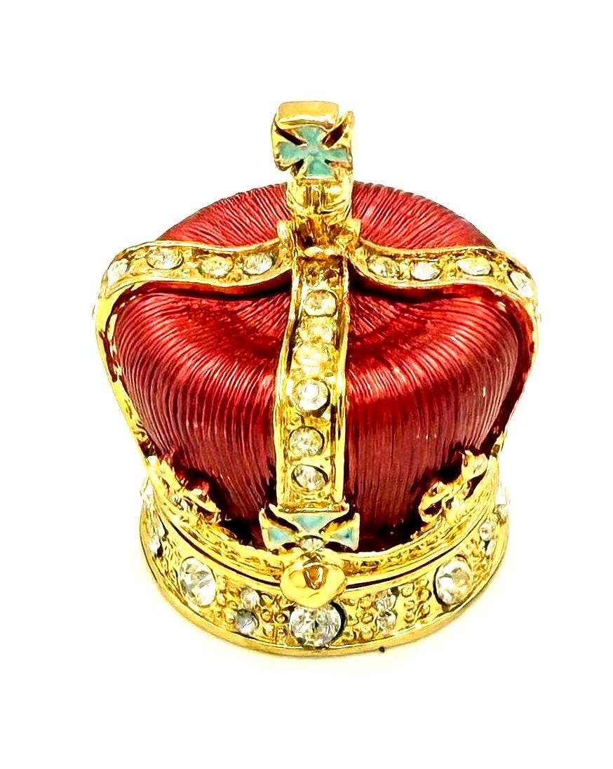 VINTAGE JEWELED CROWN TRINKET BOX – FABERGÉ STYLE ENAMEL MINI RING HOLDER, RED AND GOLD RHINESTONE JEWELRY BOX