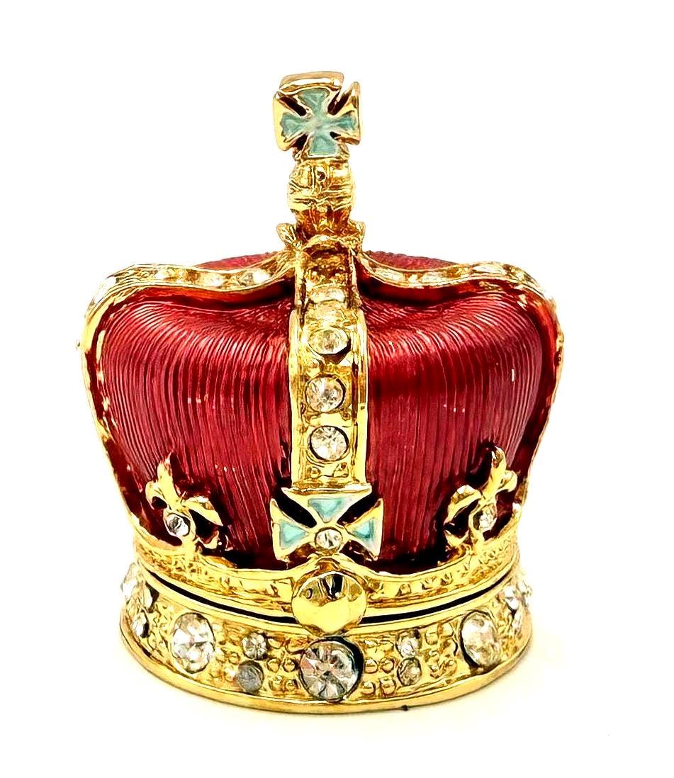 VINTAGE JEWELED CROWN TRINKET BOX – FABERGÉ STYLE ENAMEL MINI RING HOLDER, RED AND GOLD RHINESTONE JEWELRY BOX