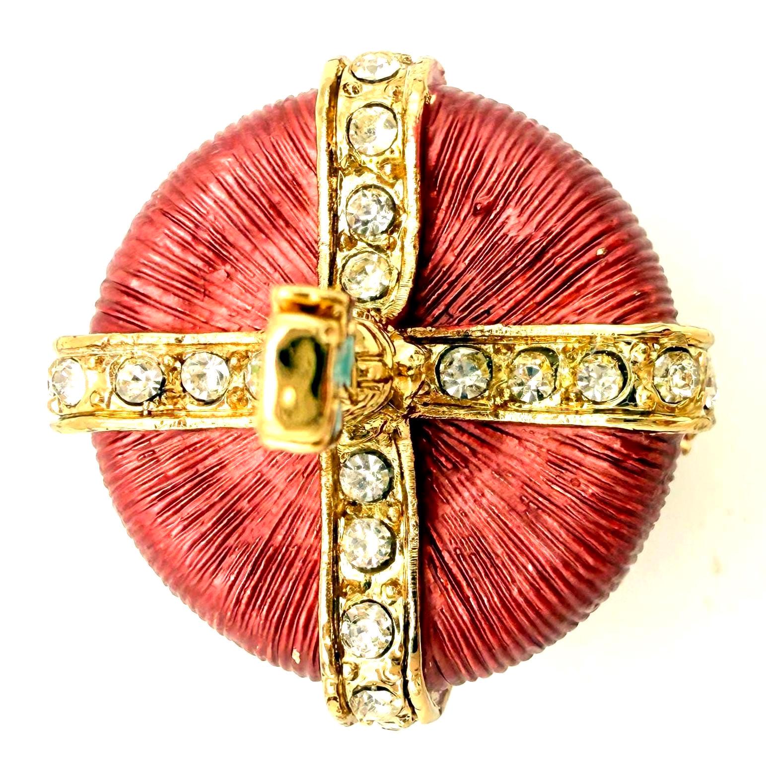 VINTAGE JEWELED CROWN TRINKET BOX – FABERGÉ STYLE ENAMEL MINI RING HOLDER, RED AND GOLD RHINESTONE JEWELRY BOX