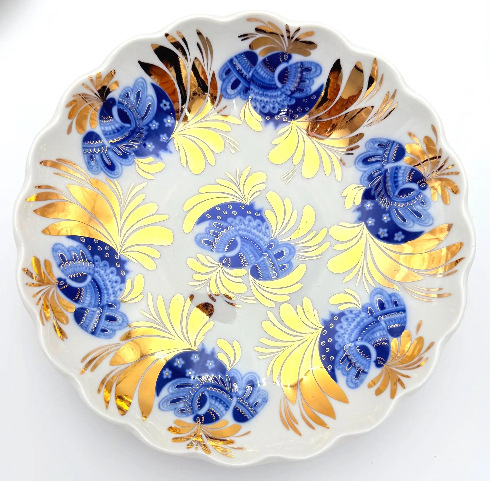 VINTAGE LOMONOSOV LFZ BLUE BIRD OF PARADISE COBALT AND GOLD PORCELAIN TEA SERVICE FOR SIX