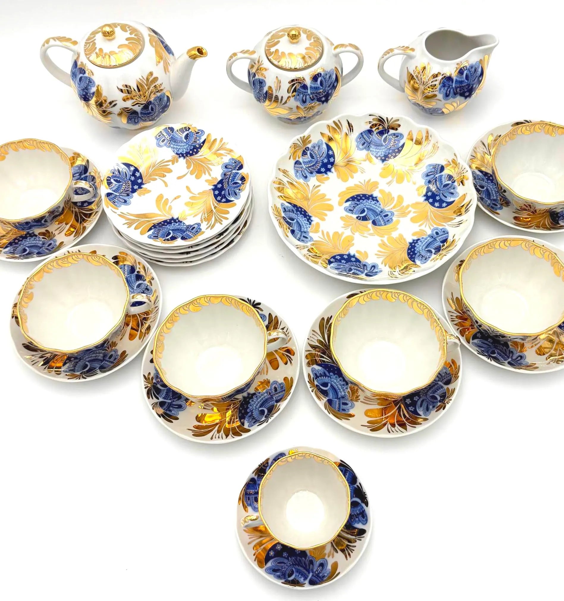 VINTAGE LOMONOSOV LFZ BLUE BIRD OF PARADISE COBALT AND GOLD PORCELAIN TEA SERVICE FOR SIX