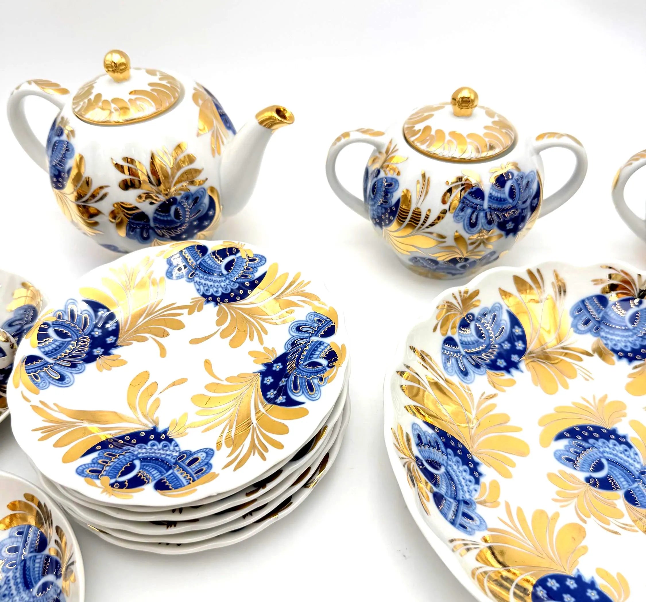 VINTAGE LOMONOSOV LFZ BLUE BIRD OF PARADISE COBALT AND GOLD PORCELAIN TEA SERVICE FOR SIX