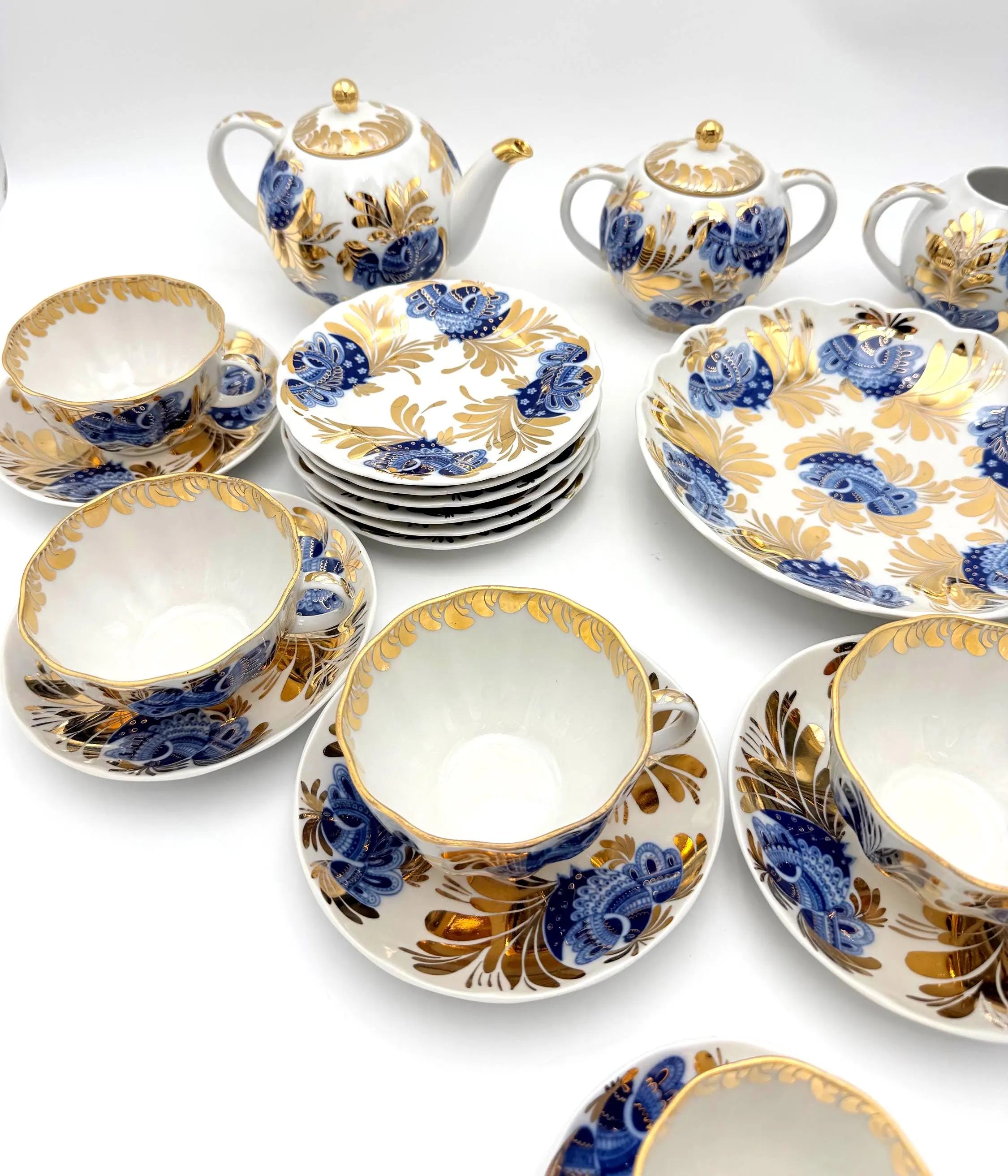 VINTAGE LOMONOSOV LFZ BLUE BIRD OF PARADISE COBALT AND GOLD PORCELAIN TEA SERVICE FOR SIX