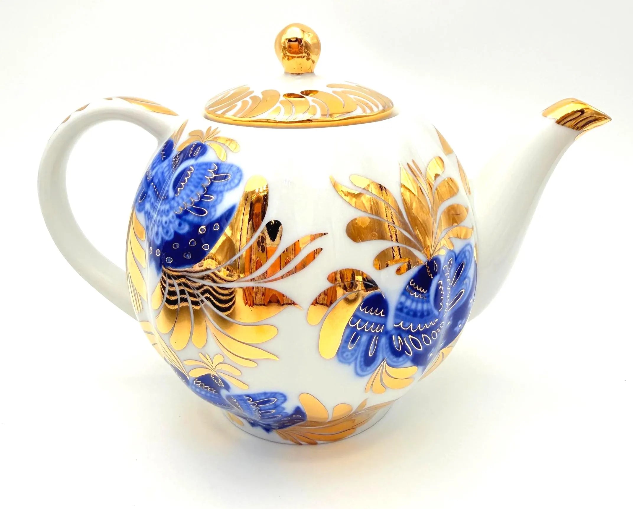 VINTAGE LOMONOSOV LFZ BLUE BIRD OF PARADISE COBALT AND GOLD PORCELAIN TEA SERVICE FOR SIX