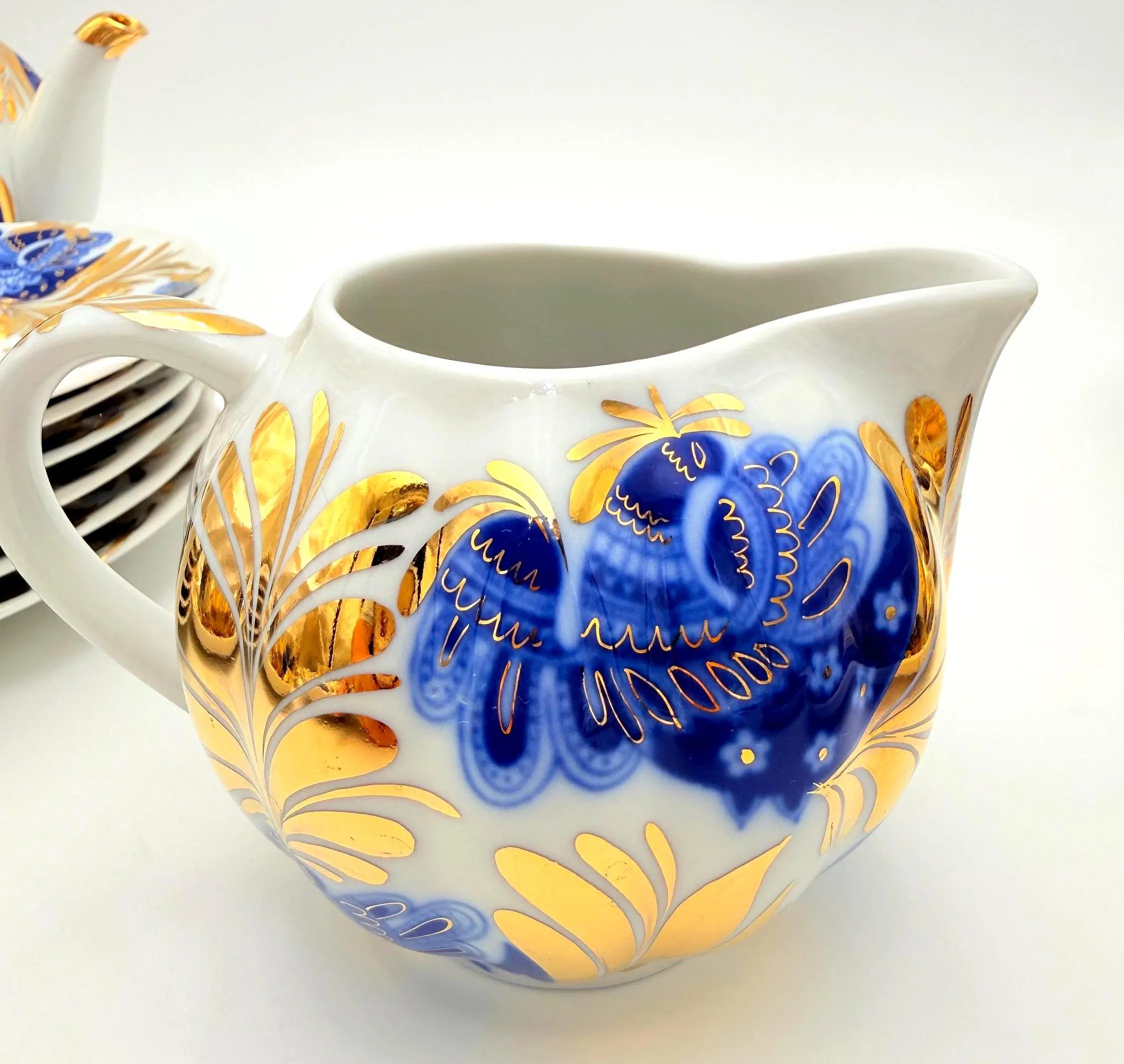 VINTAGE LOMONOSOV LFZ BLUE BIRD OF PARADISE COBALT AND GOLD PORCELAIN TEA SERVICE FOR SIX