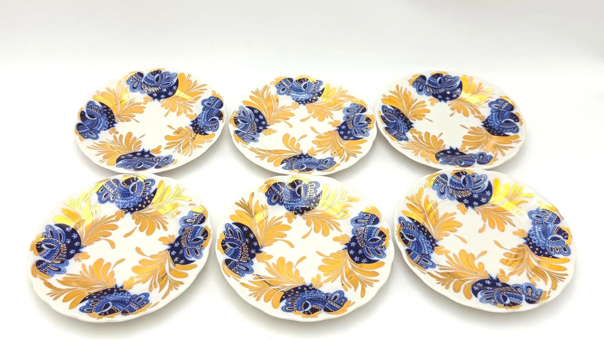 VINTAGE LOMONOSOV LFZ BLUE BIRD OF PARADISE COBALT AND GOLD PORCELAIN TEA SERVICE FOR SIX