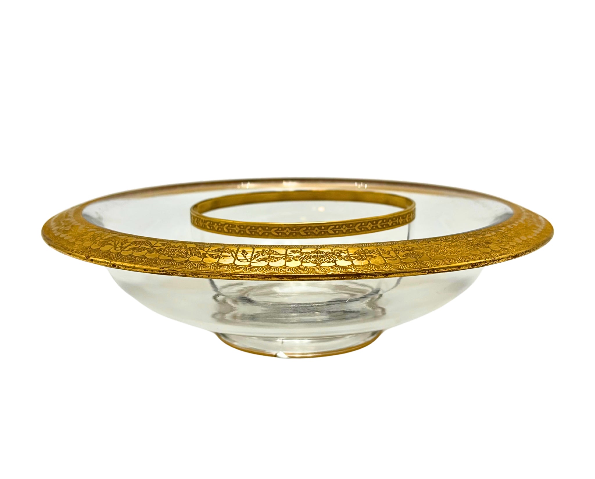 VINTAGE MID-CENTURY GOLD ENCRUSTED GLASS CHIP AND DIP BOWL SET