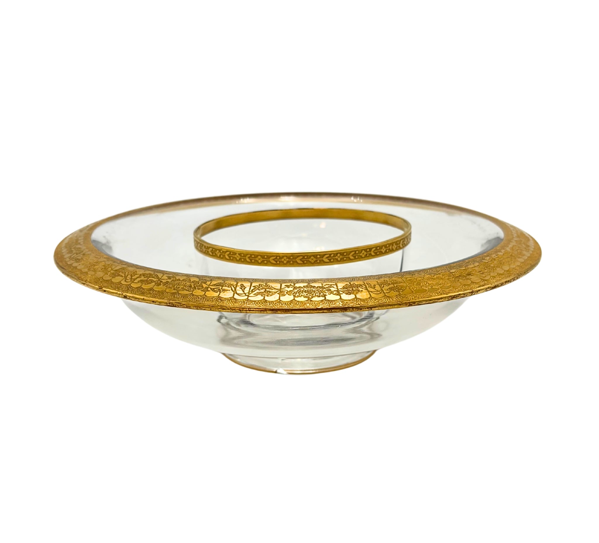 VINTAGE MID-CENTURY GOLD ENCRUSTED GLASS CHIP AND DIP BOWL SET