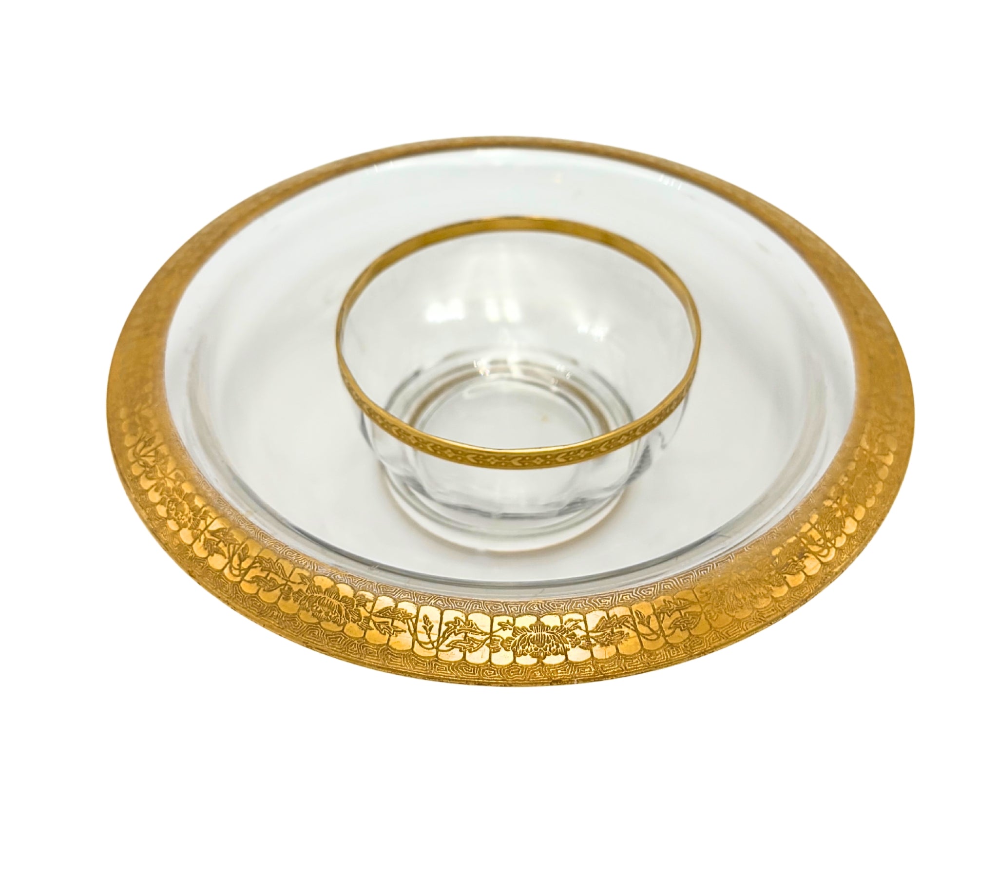 VINTAGE MID-CENTURY GOLD ENCRUSTED GLASS CHIP AND DIP BOWL SET